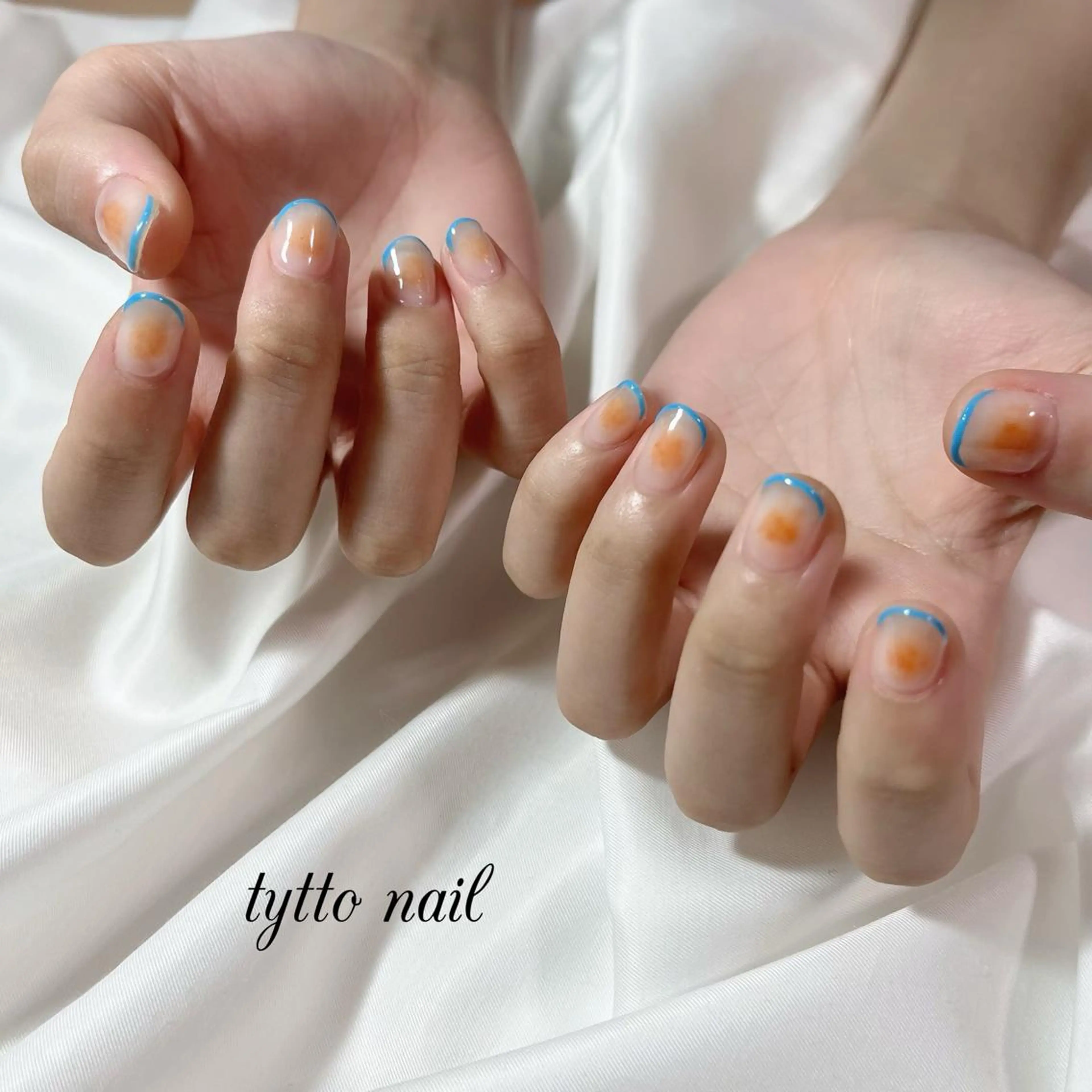 ネイル ブルー チークネイル フレンチネイル 韓国ネイル オレンジ ハンドネイル tytto nail ❤︎‪‪eri‪‪のネイルデザイン