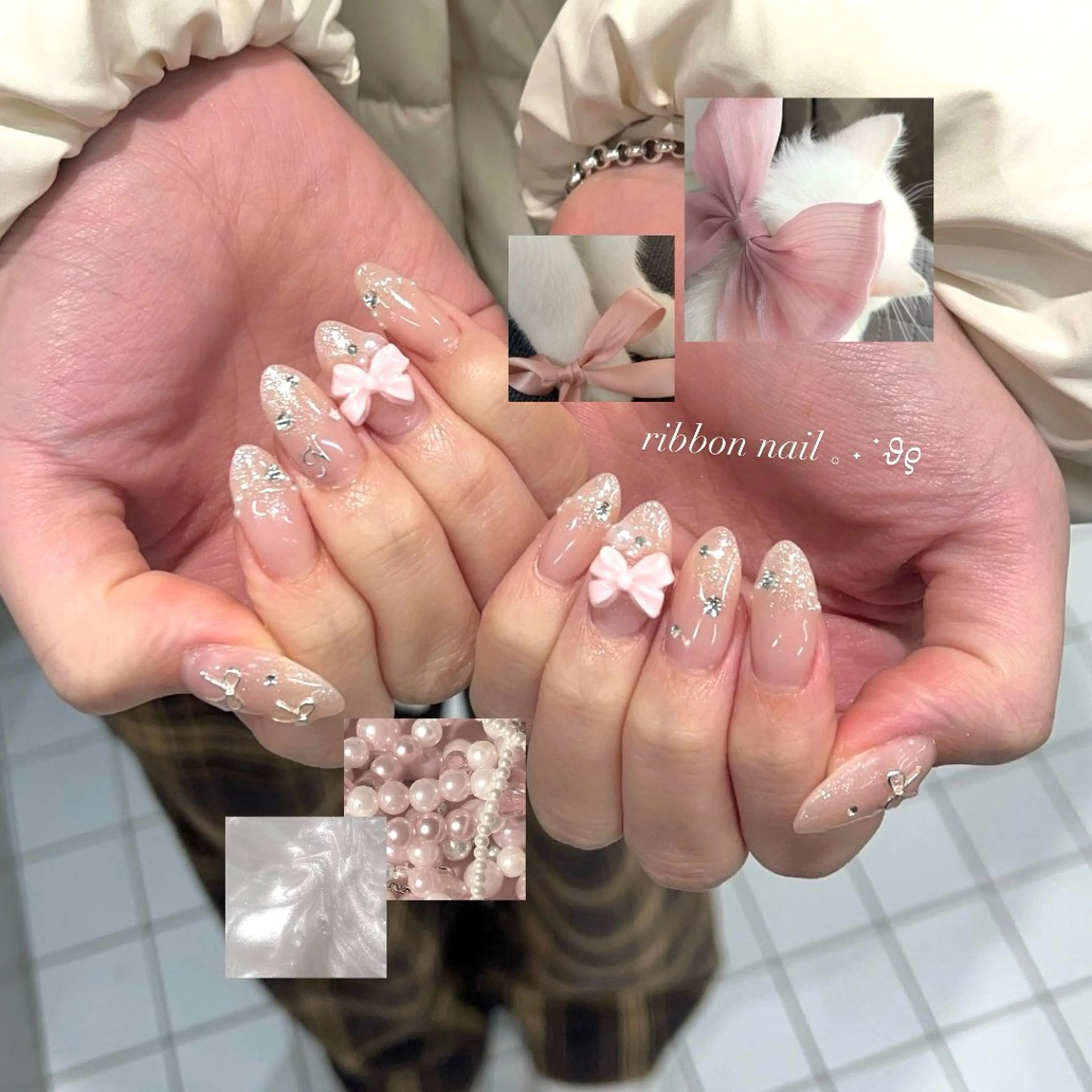 ネイル グラデーション キラキラネイル ロングネイル リボン 春ネイル ハンドネイル eight nail 春菜のネイルデザイン