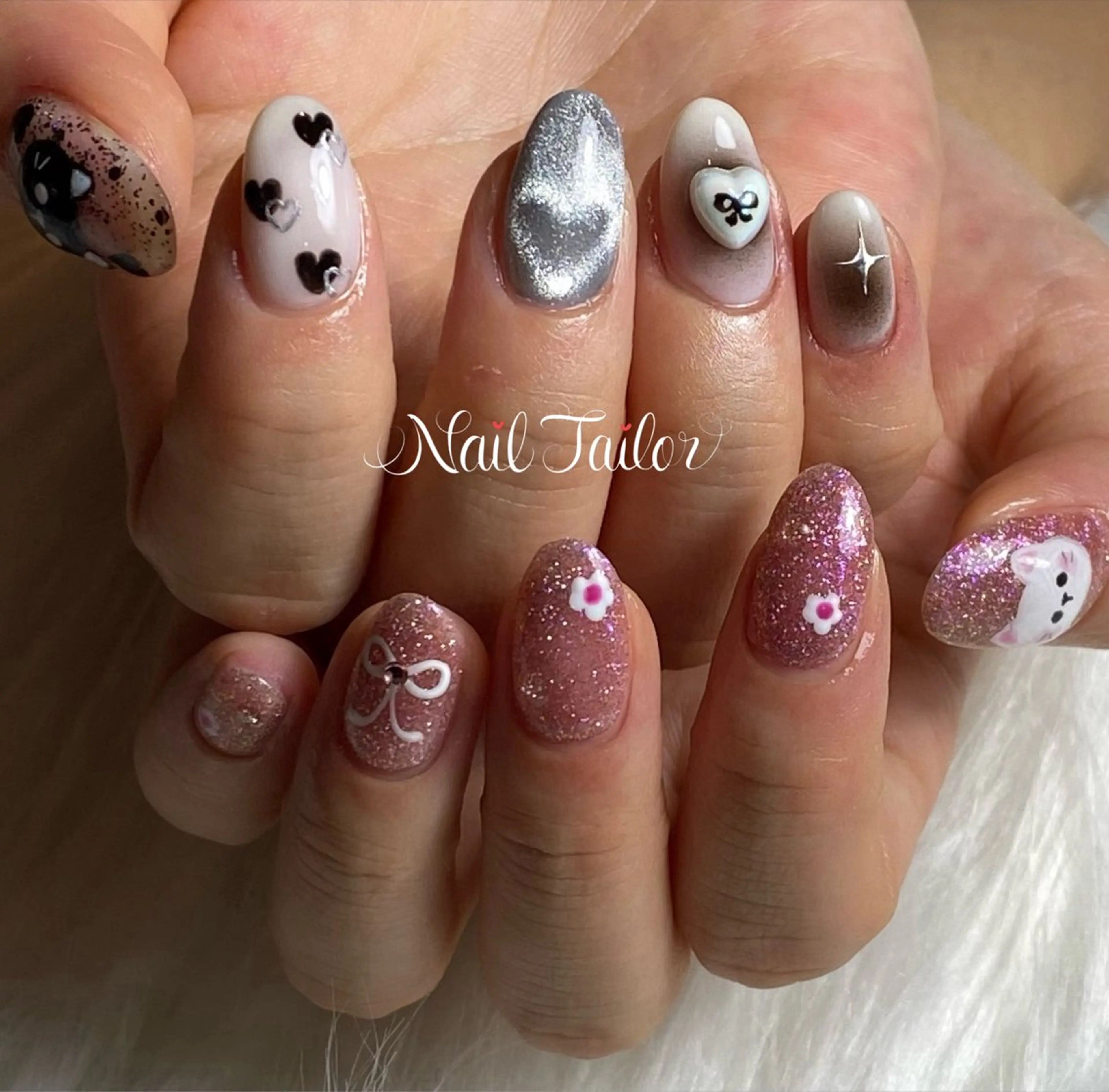 ネイル 長さ出し ジェルネイル ハート キラキラネイル 韓国ネイル ハンドネイル NailTailor ネイルテイラーのネイルデザイン