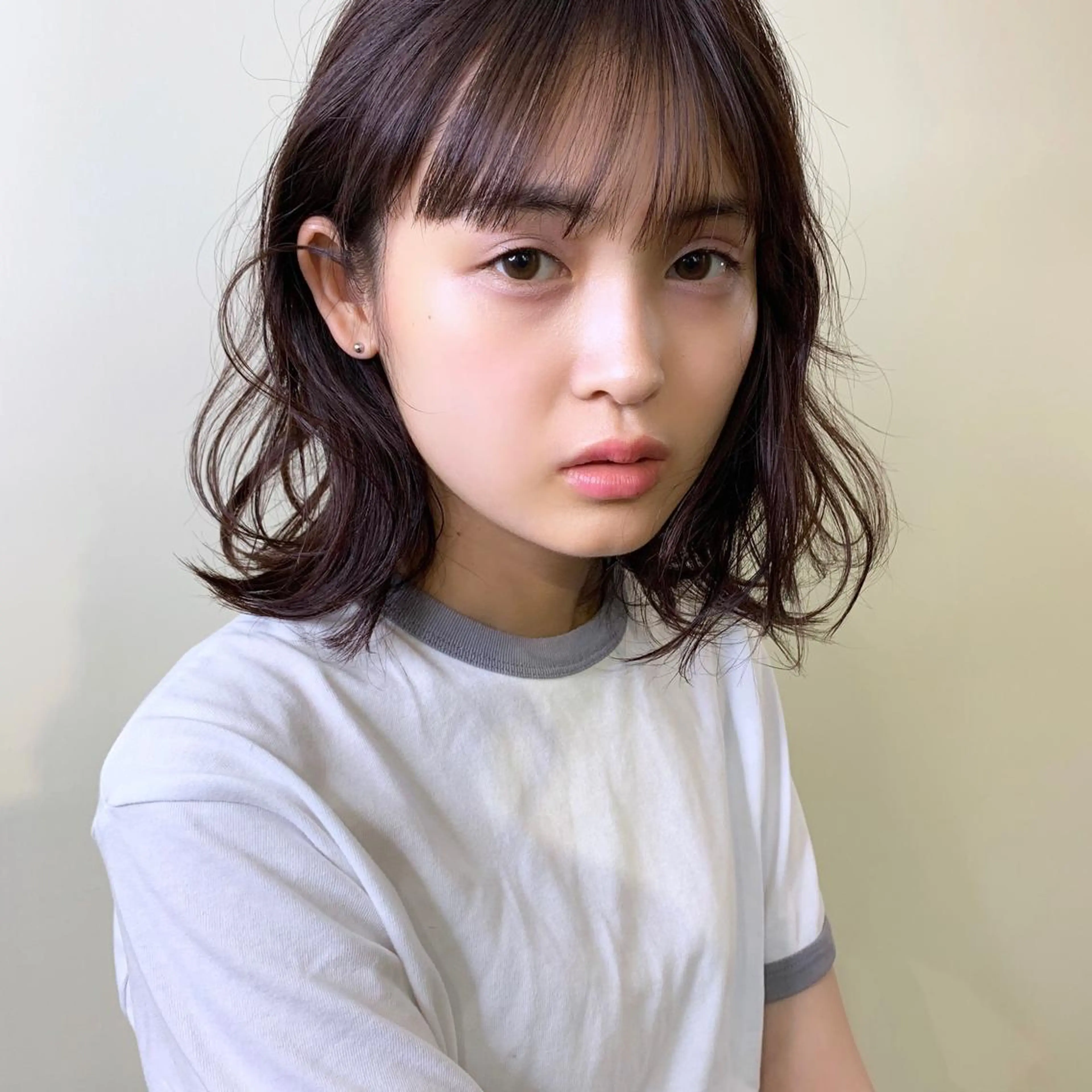 ミディアム カラー ブラウンカラー パープルカラー パープルブラウン カット トリートメント 薬院:今泉/上川美幸 ボブ/顔周りレイヤーのヘアスタイル