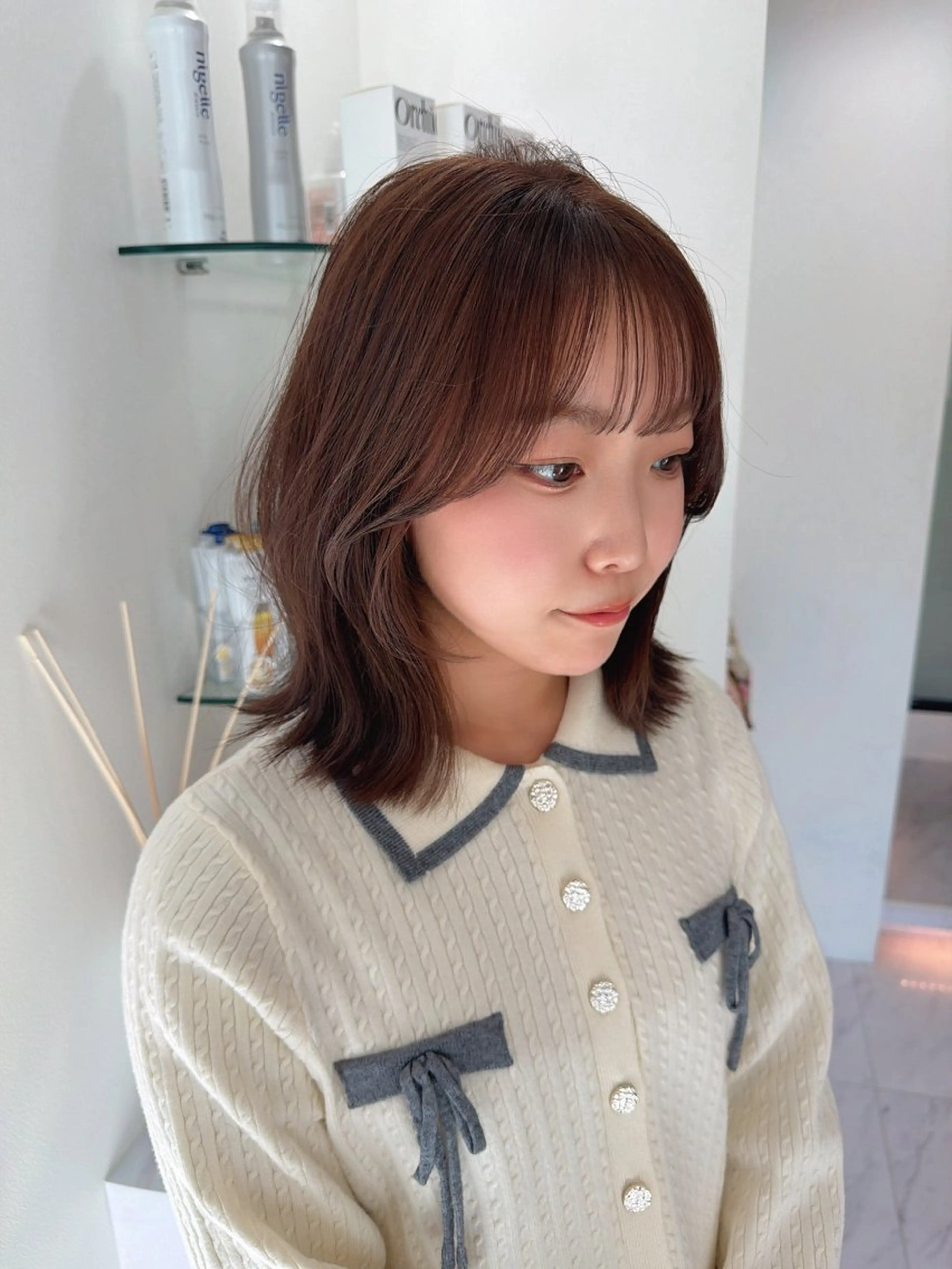 ミディアム カラー 顔周りカット カット ヘアカラー SAYAKA 🍒／ボブ／暖色のヘアスタイル