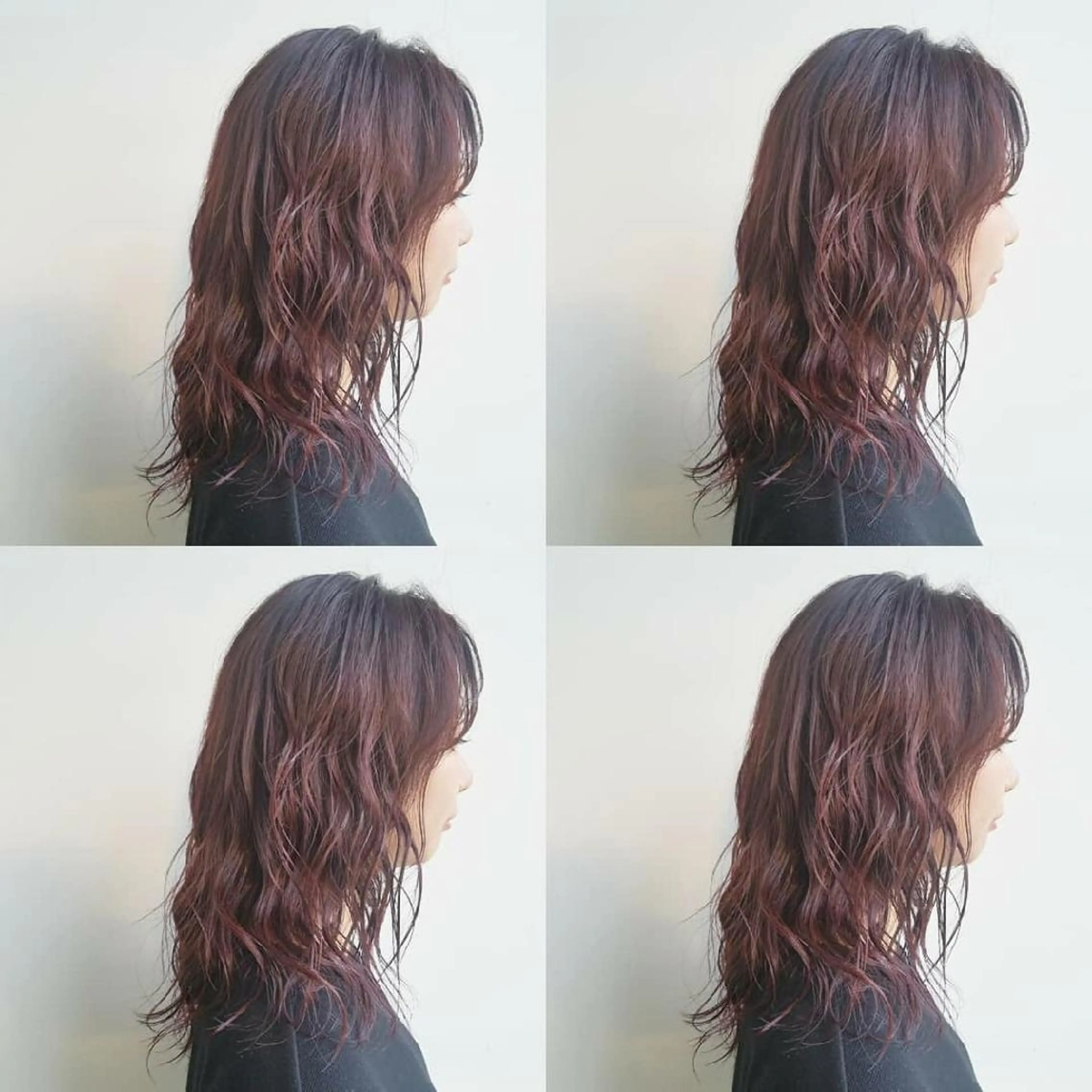 ミディアム パーマ ヘアアレンジ カラー ボルドーカラー ピンクカラー iplus まつげ、眉毛、耳つぼのマツエク・マツパデザイン