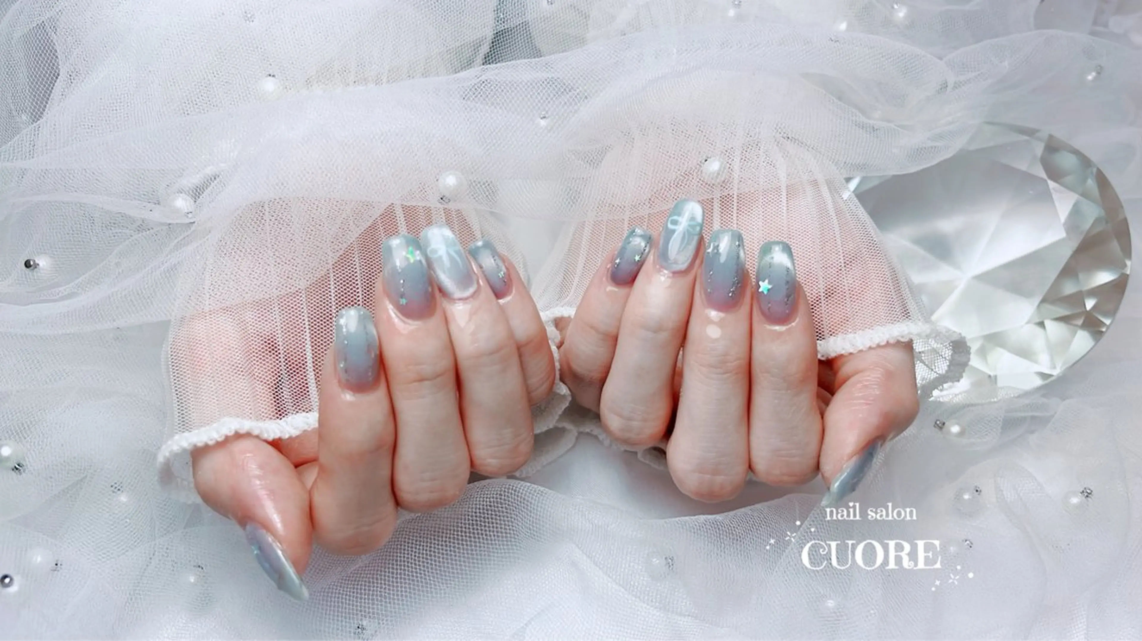 ネイル フレンチネイル マグネットネイル マグネットフレンチ 持ち込み リボン nail salon CUOREのネイルデザイン