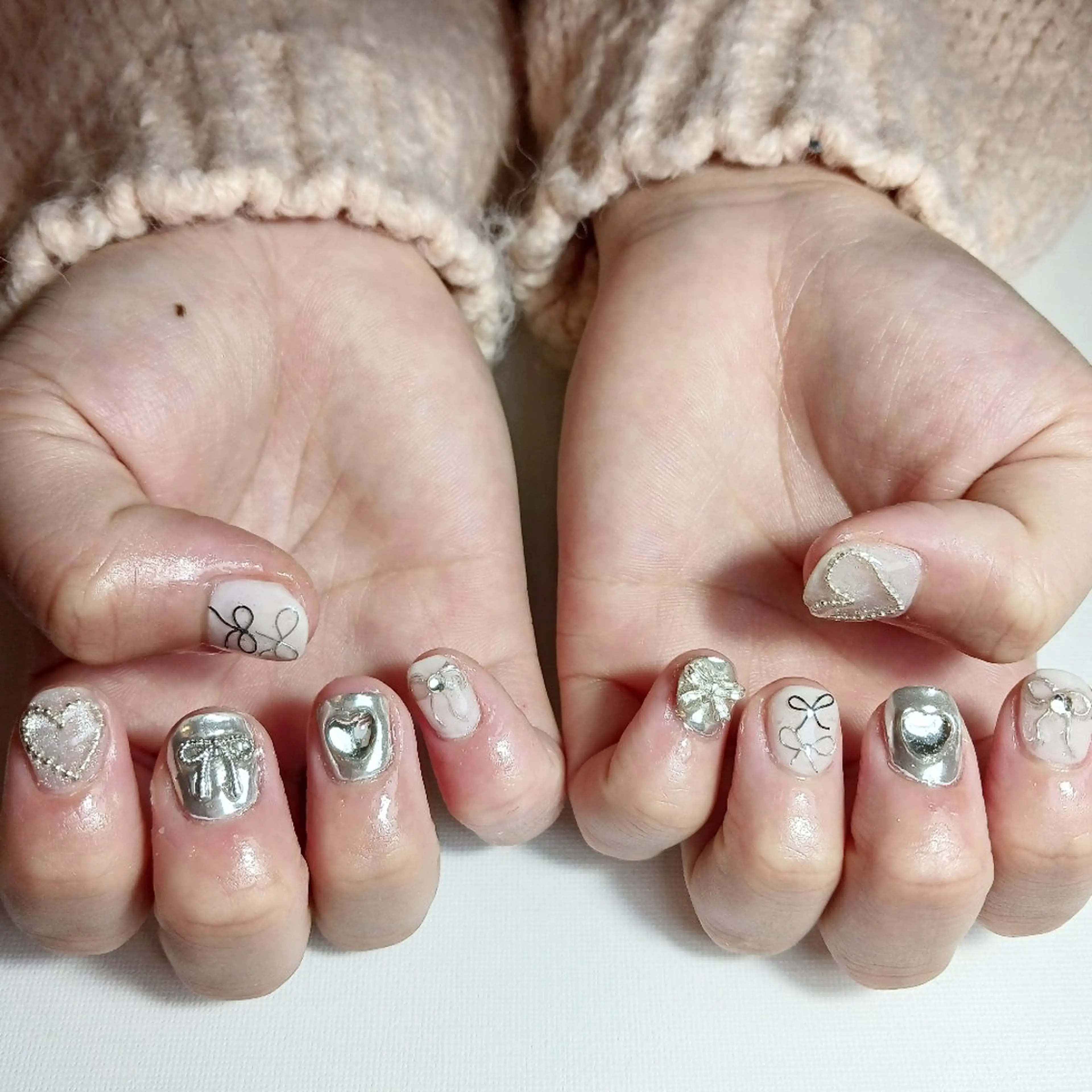 ネイル ジェルネイル ハート 持ち込み リボン ショートネイル owlnail /持込みデザイン専門のネイルデザイン