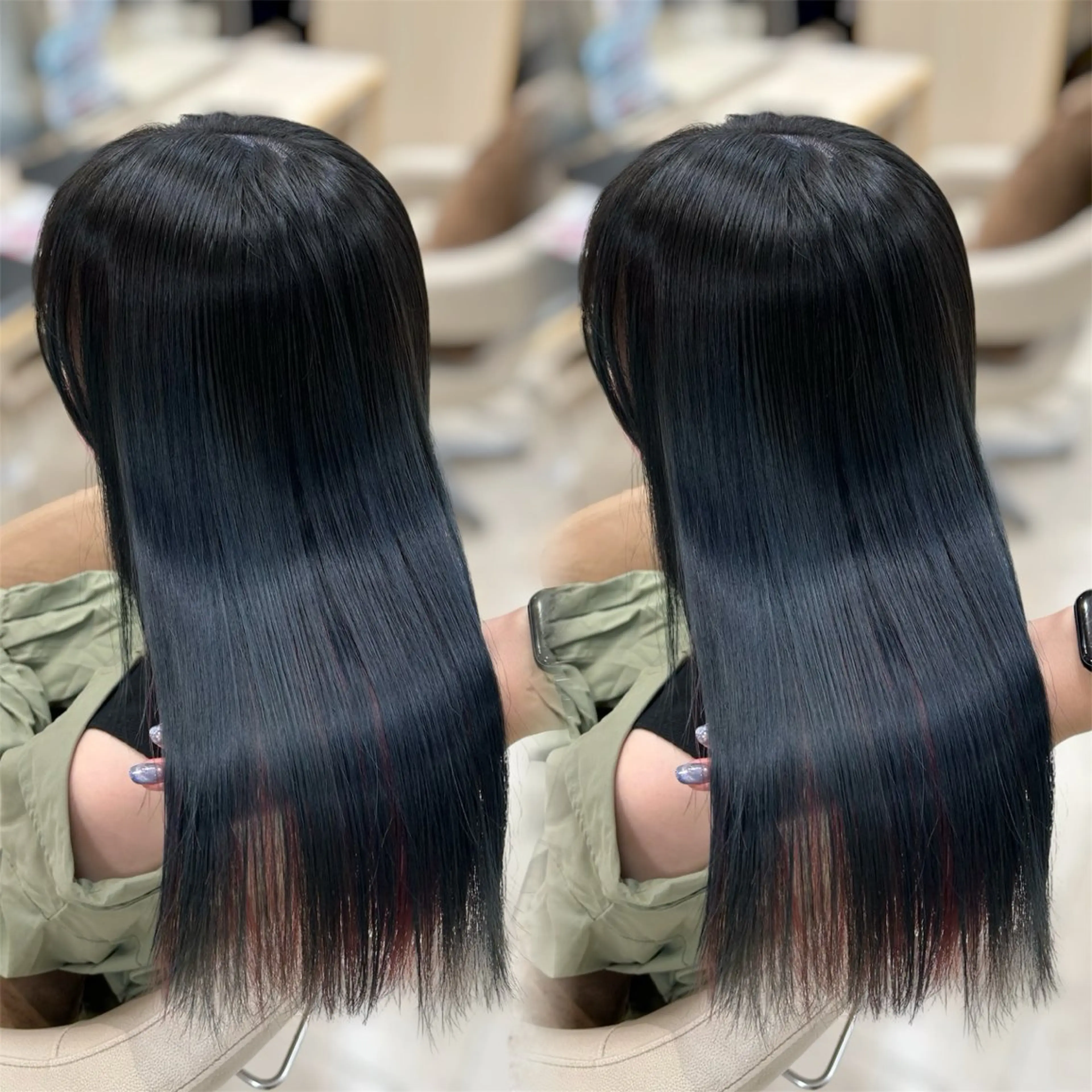 セミロング カラー ブリーチ ネイビーカラー ヘアカラー トリートメント ヘアセット ベージュ/つや髪/ レイヤー／ゆいなのヘアスタイル