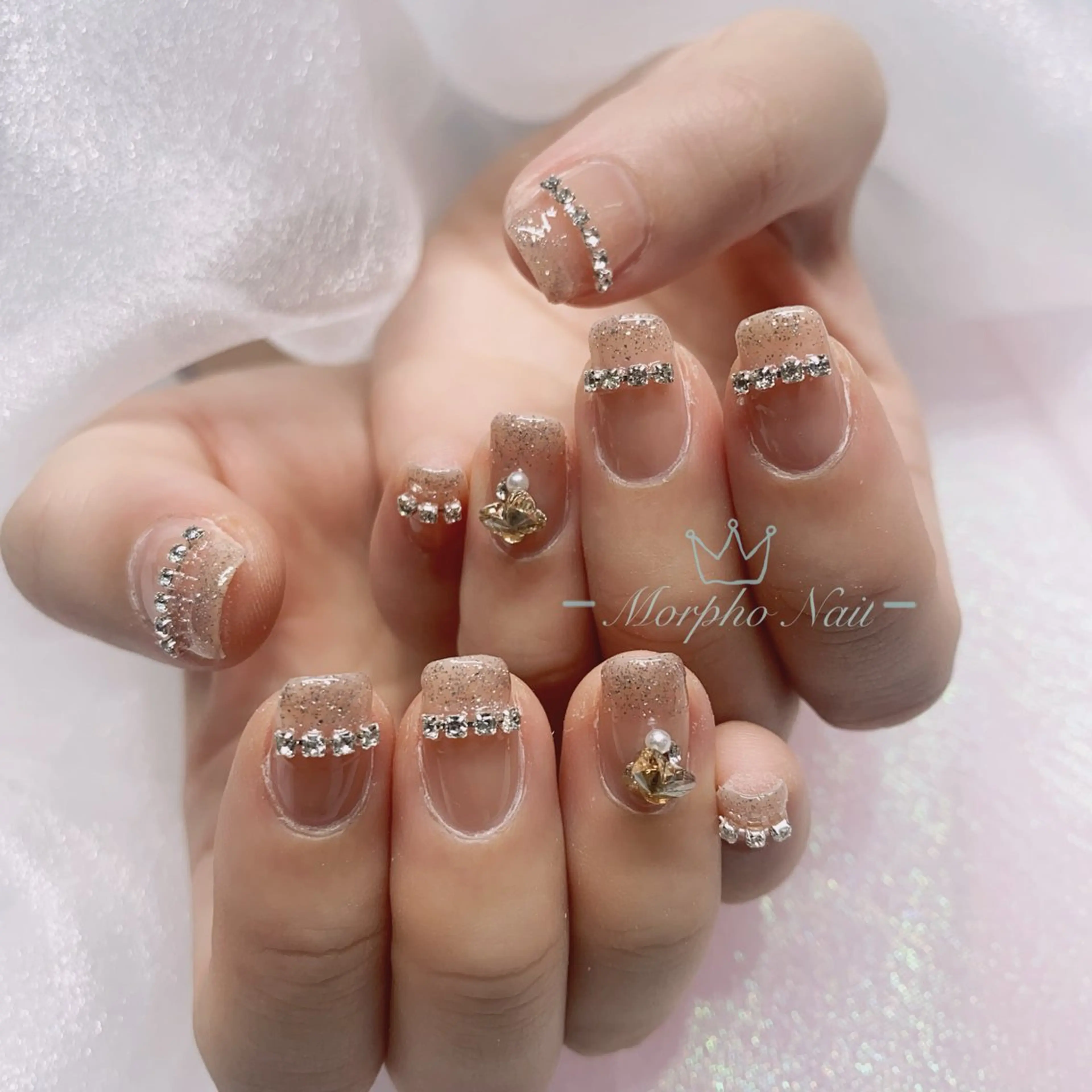 ネイル 長さ出し ジェルネイル キラキラネイル 大理石ネイル(マーブル) ニュアンスネイル Morpho nailのネイルデザイン