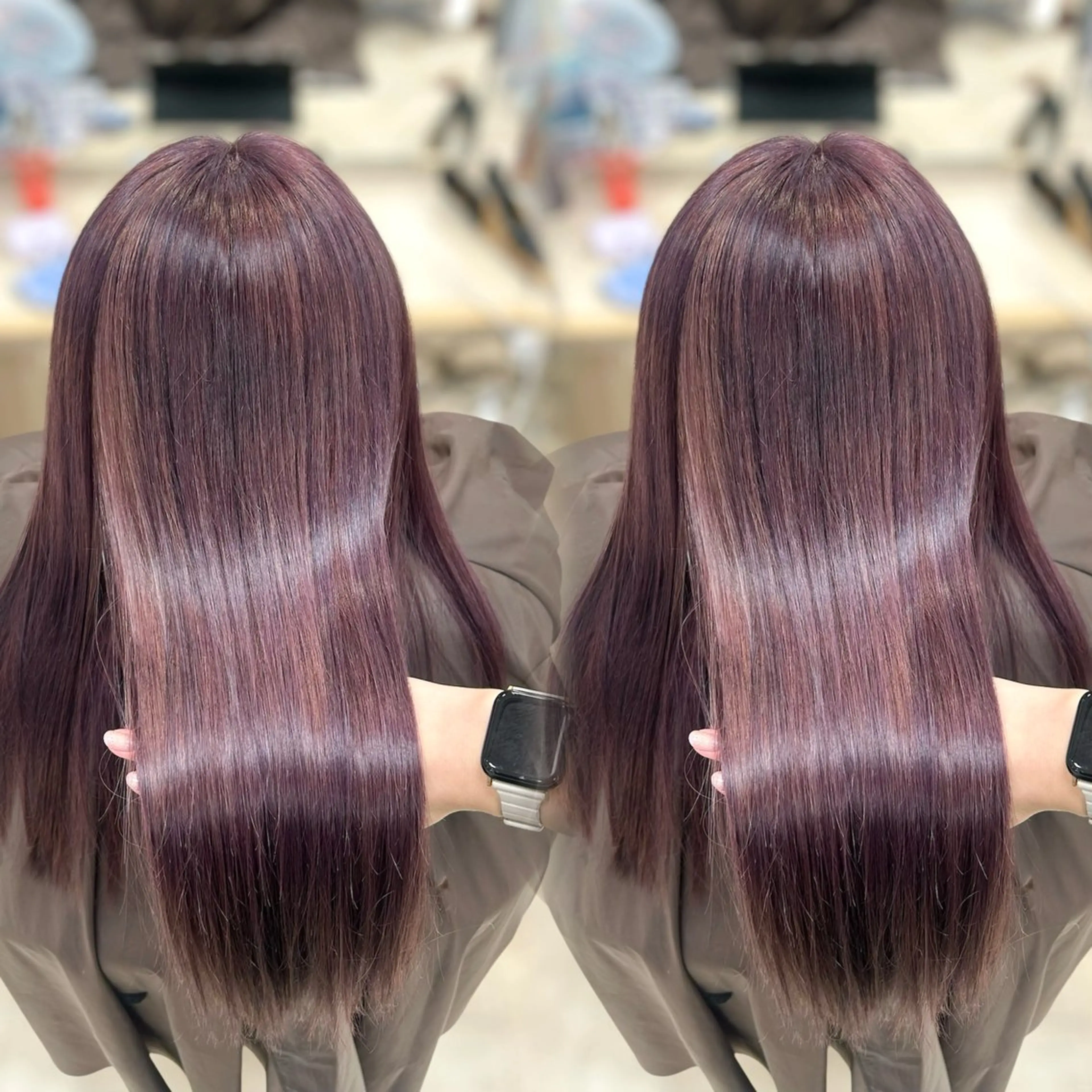 ロング カラー ブリーチ ラベンダーカラー ヘアカラー トリートメント ヘアセット ベージュ/つや髪/ レイヤー／ゆいなのヘアスタイル