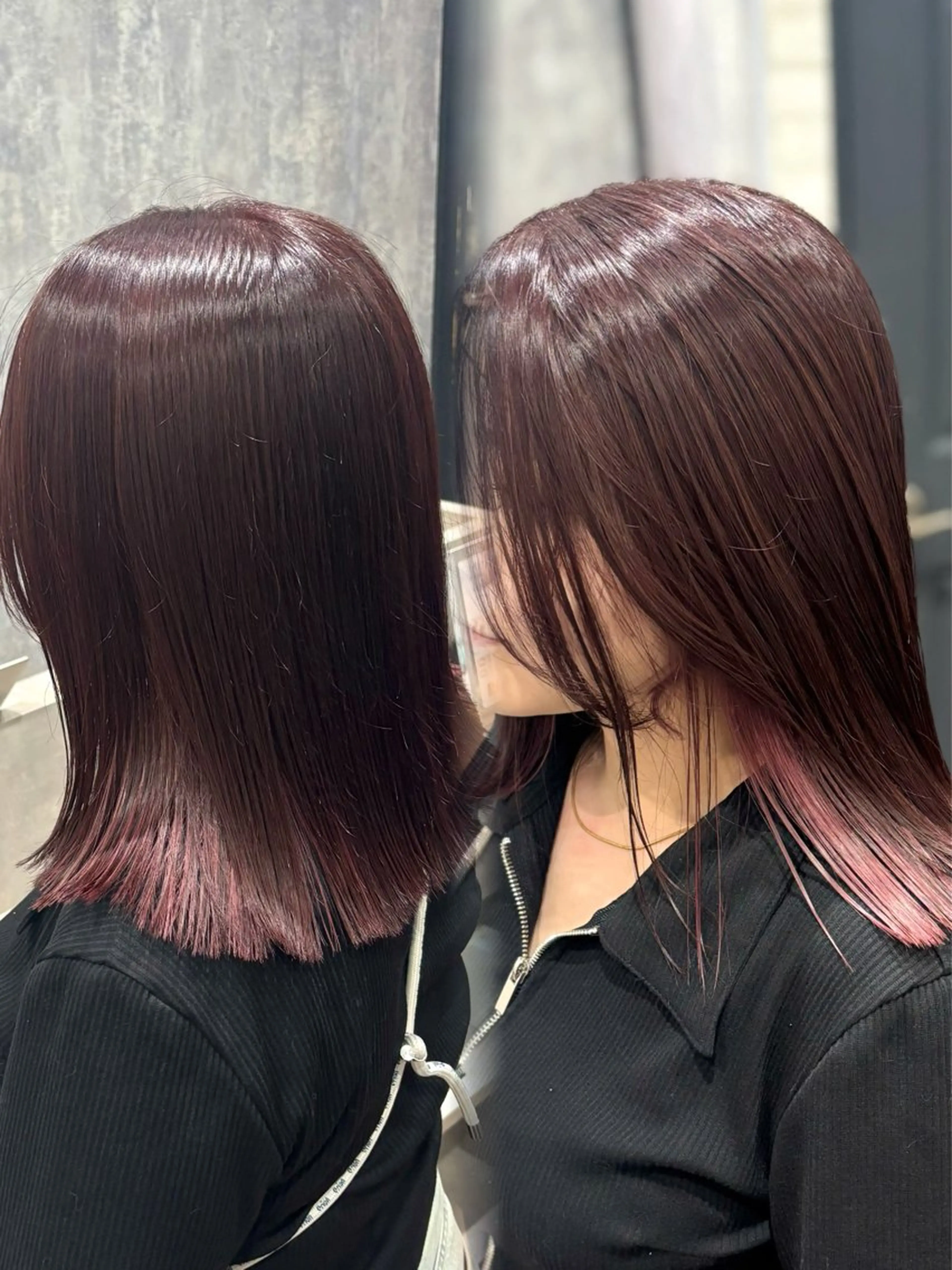 ミディアム カラー インナーカラー ピンクカラー レッドカラー ボブ ヘアカラー トリートメント 詩乃🎀ピンク 暖色系🫧レイヤーのヘアスタイル