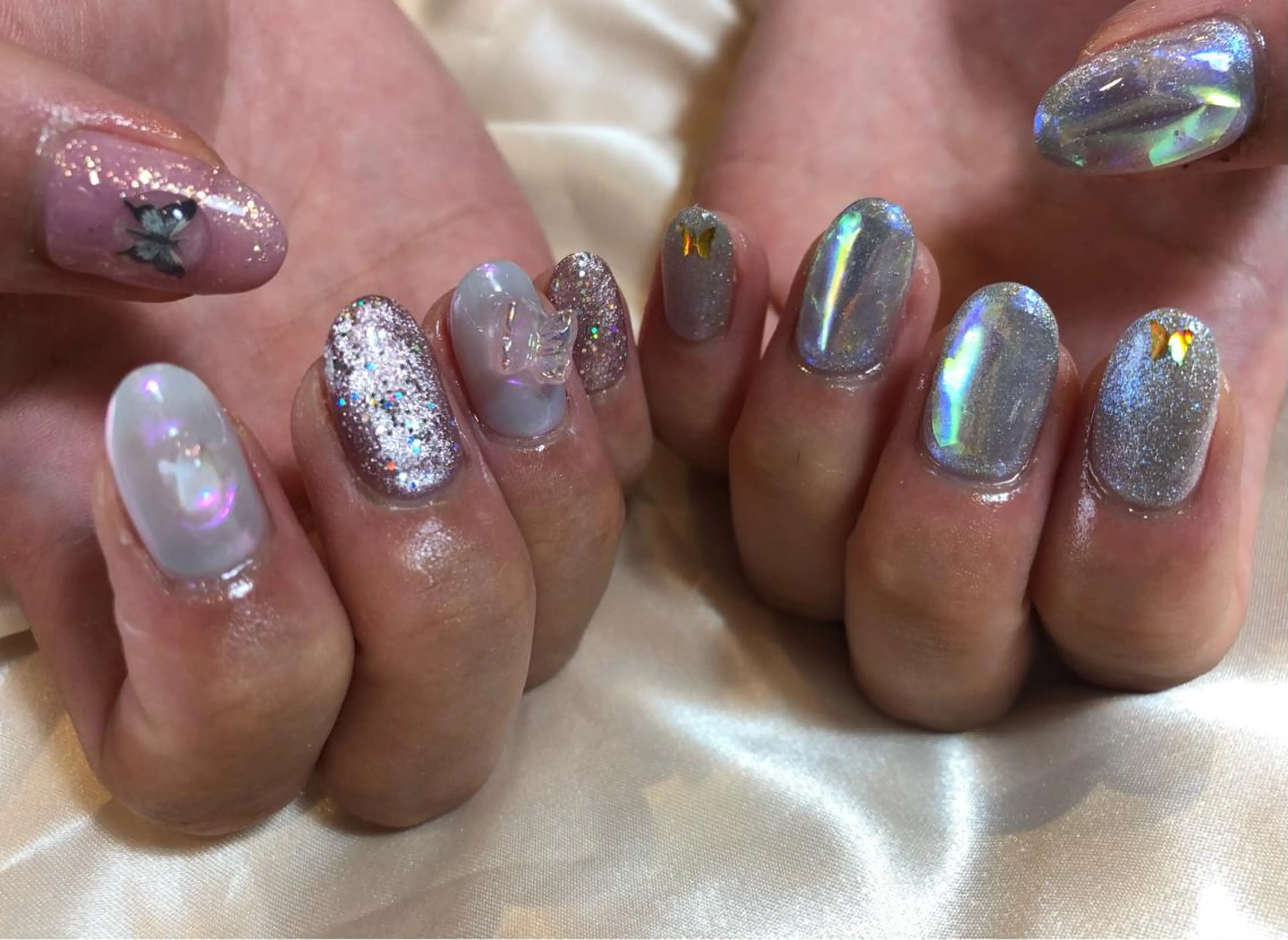 ネイル ブルー ピンク パラあり！フィルイン 美フォルムのネイルデザイン