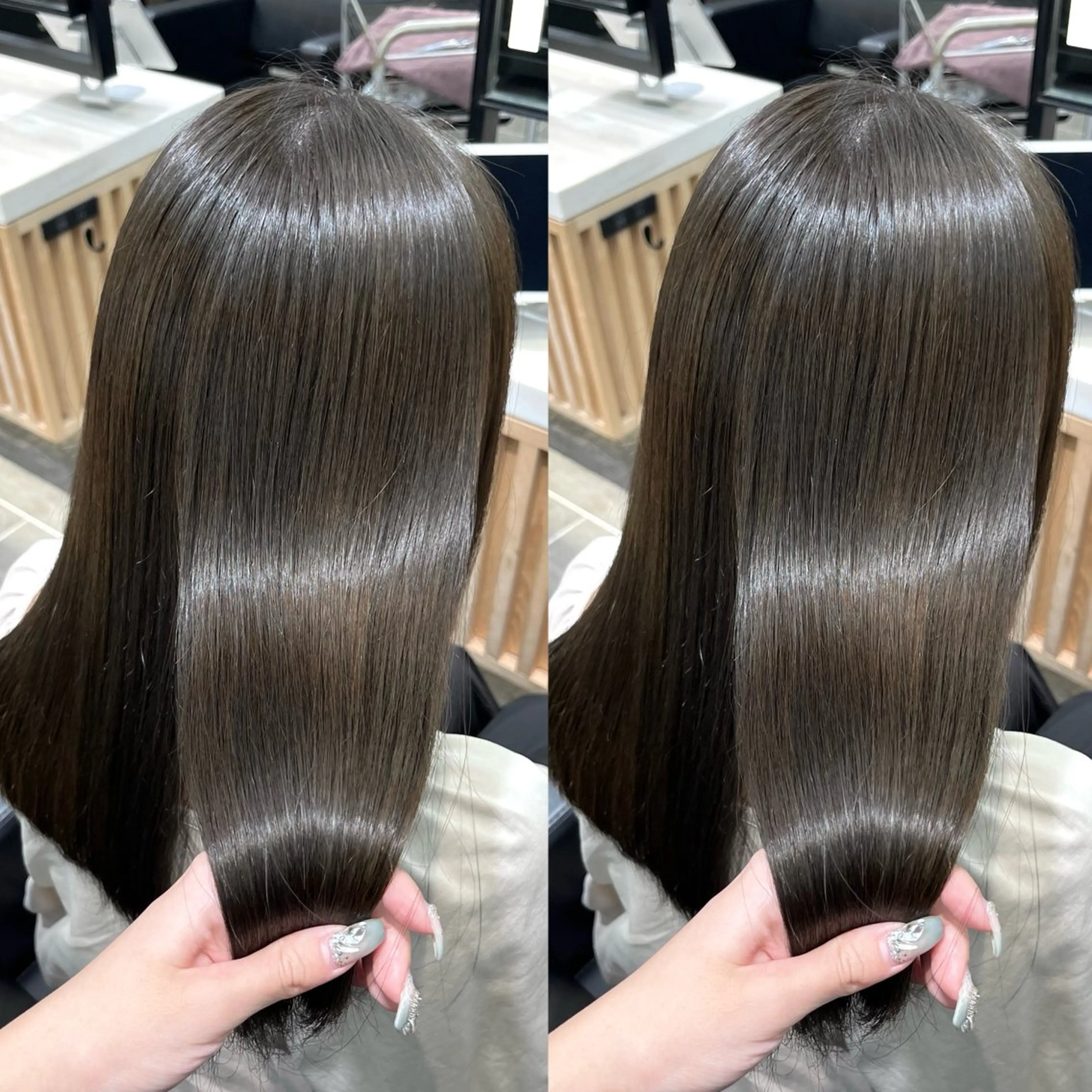 ミディアム カラー アッシュ イルミナカラー オリーブアッシュ 縮毛矯正 カット ヘアカラー 縮毛矯正 トリートメント 𝑺𝒂𝒌𝒊 🩶マンツーマン施術のヘアスタイル