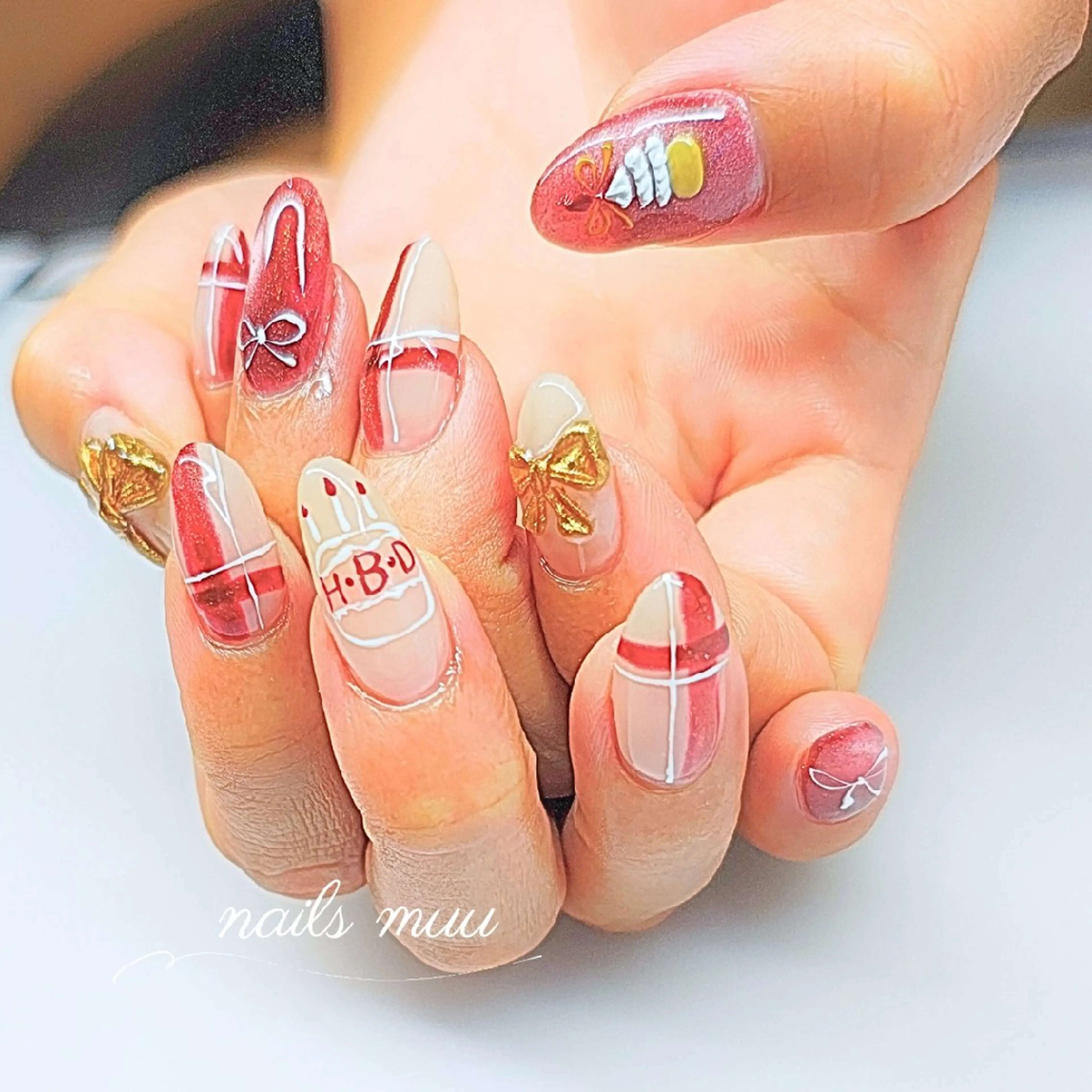ネイル アートネイル リボン ハンドネイル nails muu まゆのネイルデザイン