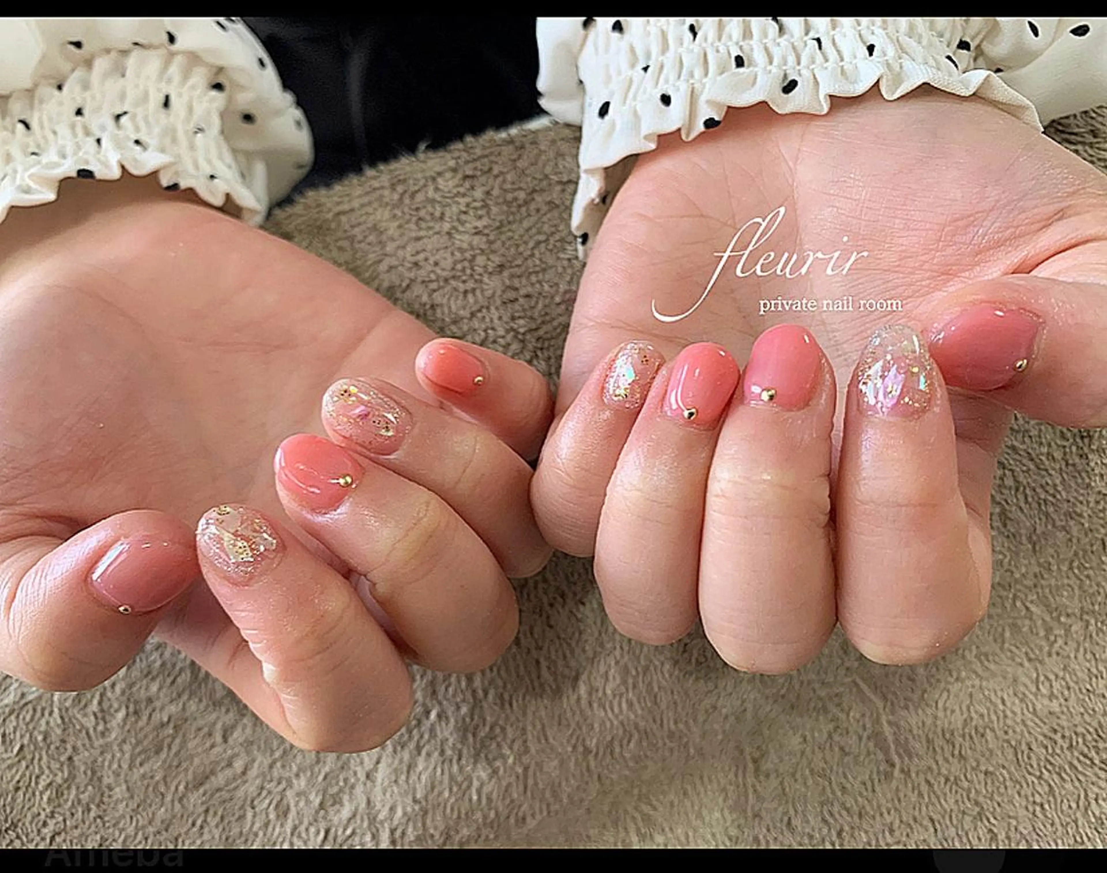 ネイル ラメ(グリッター) オレンジ ピンク フルリール 【プライベートサロンのネイルデザイン