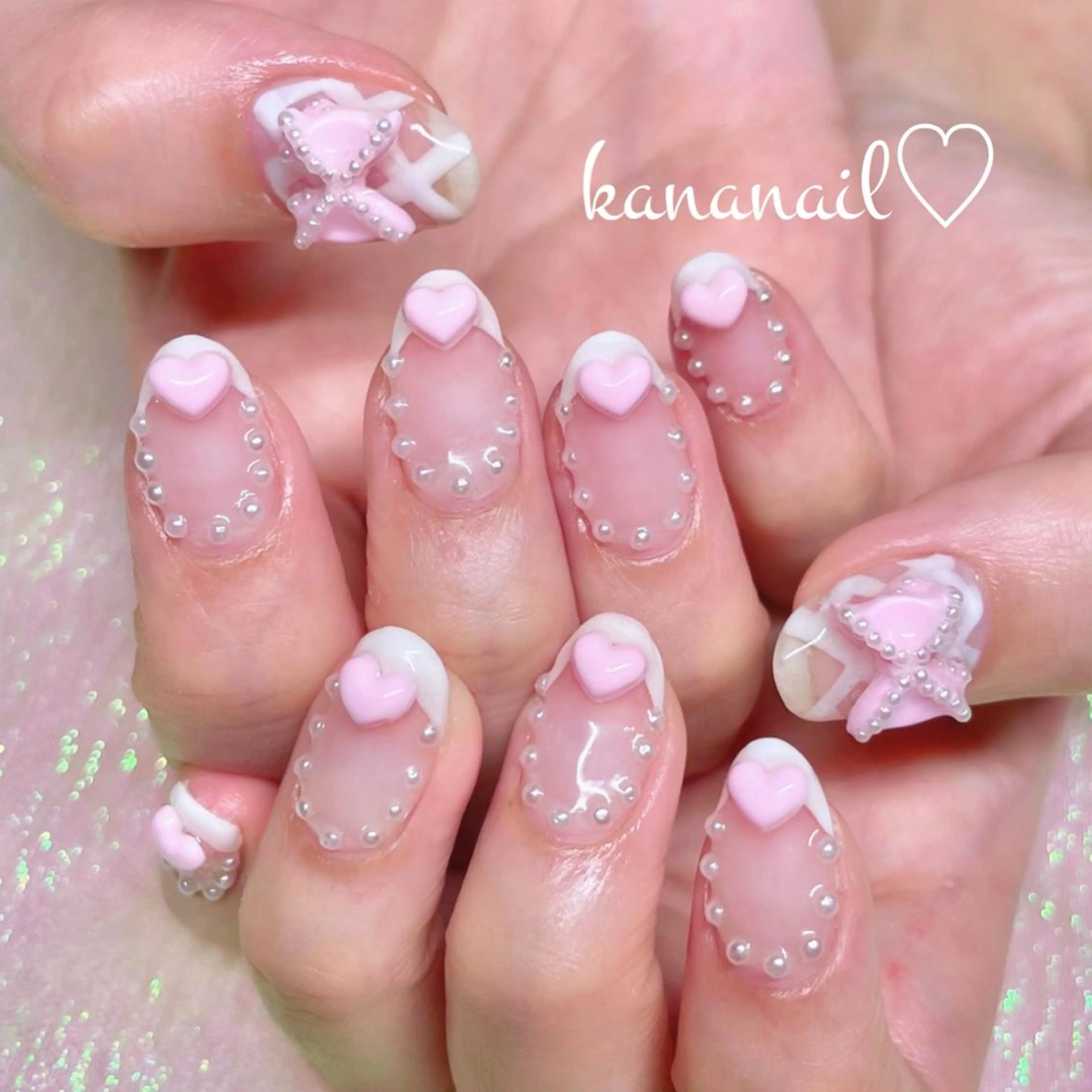 ネイル フレンチネイル ハート ピンク リボン kananail ♡のネイルデザイン