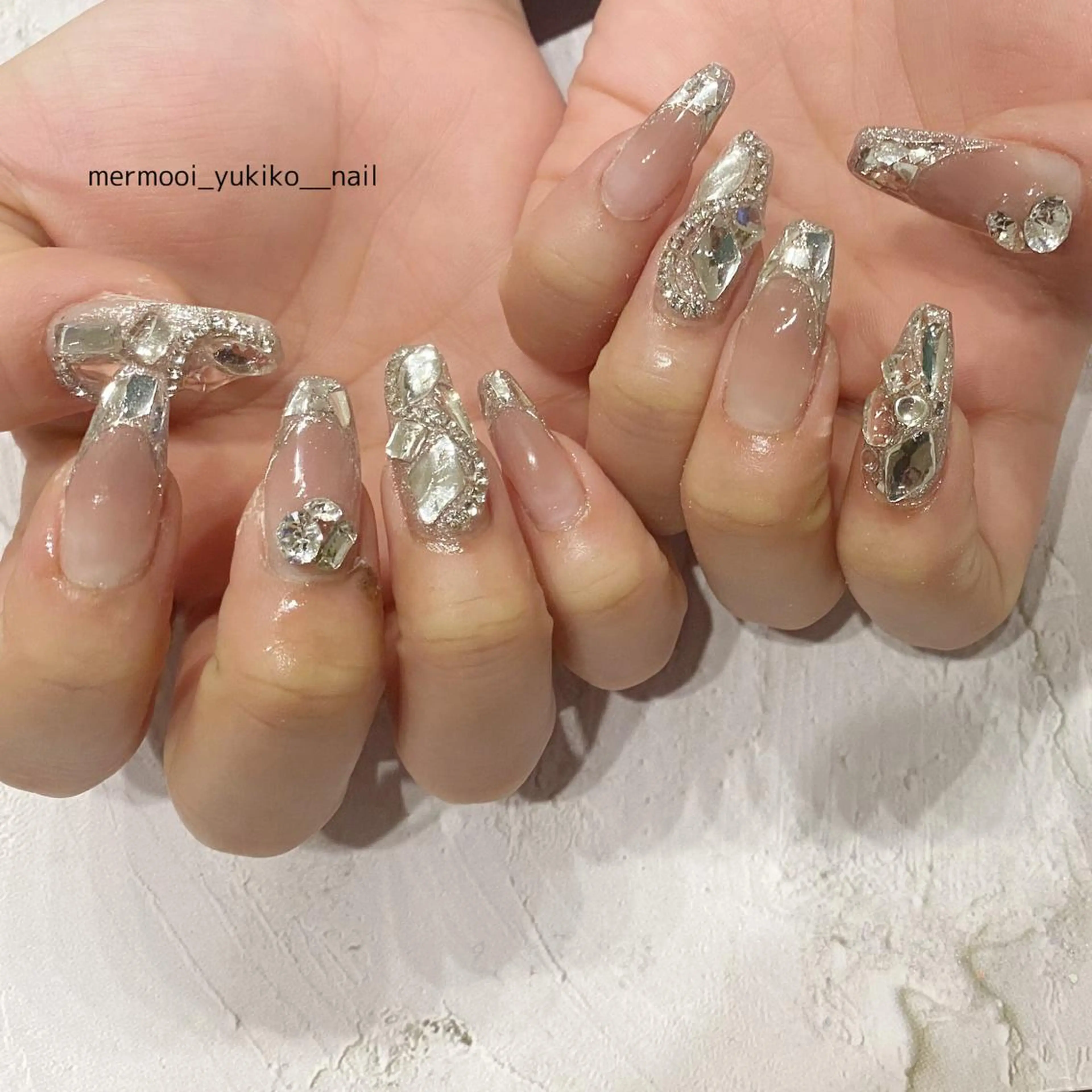 ネイル フレンチネイル ガラスフレンチ キラキラネイル 韓国ネイル ロングネイル melumooi nailのネイルデザイン