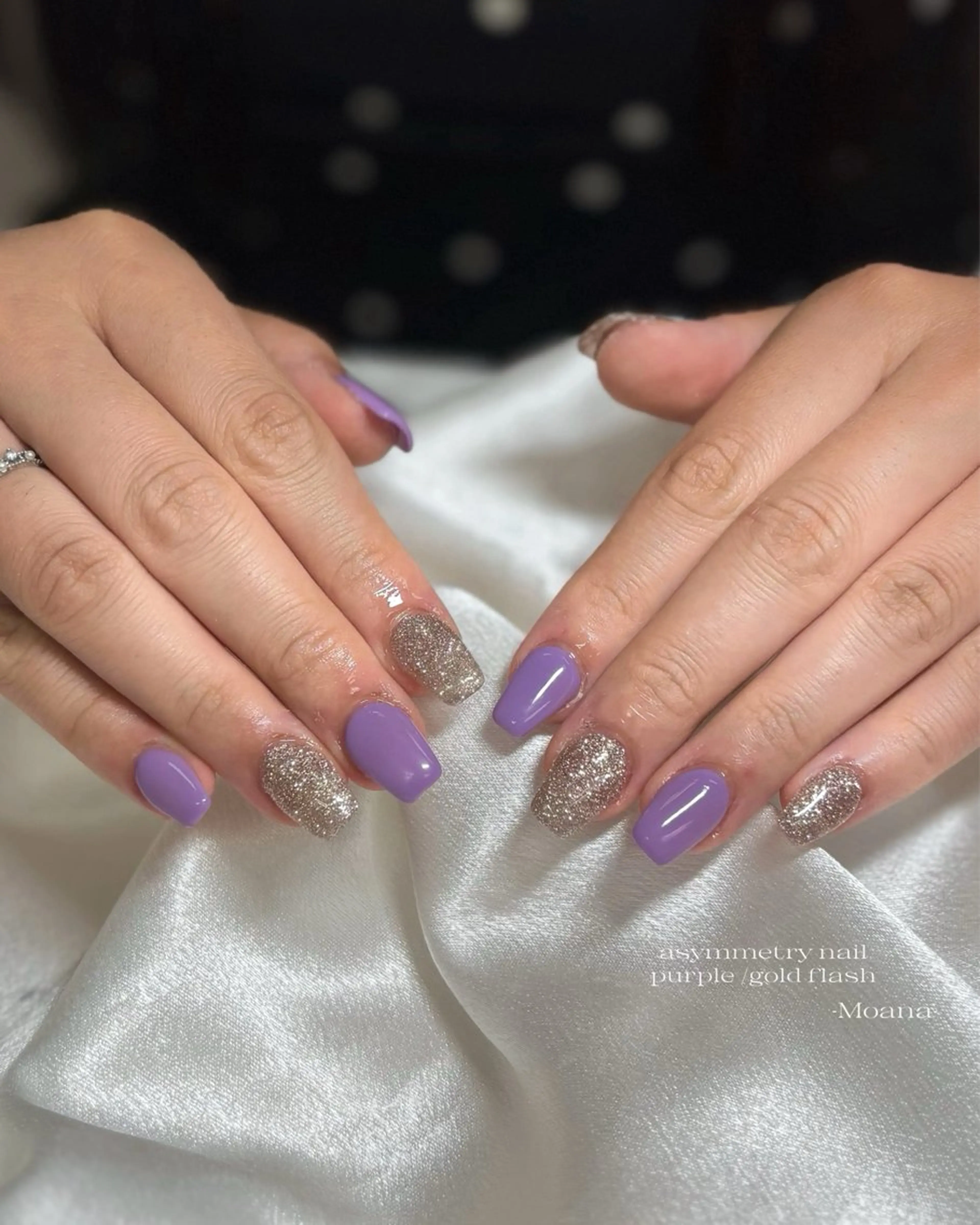ネイル 長さ出し フラッシュネイル ゴールド ワンカラーネイル パープル ハンドネイル Moana nail Hiyoriのネイルデザイン