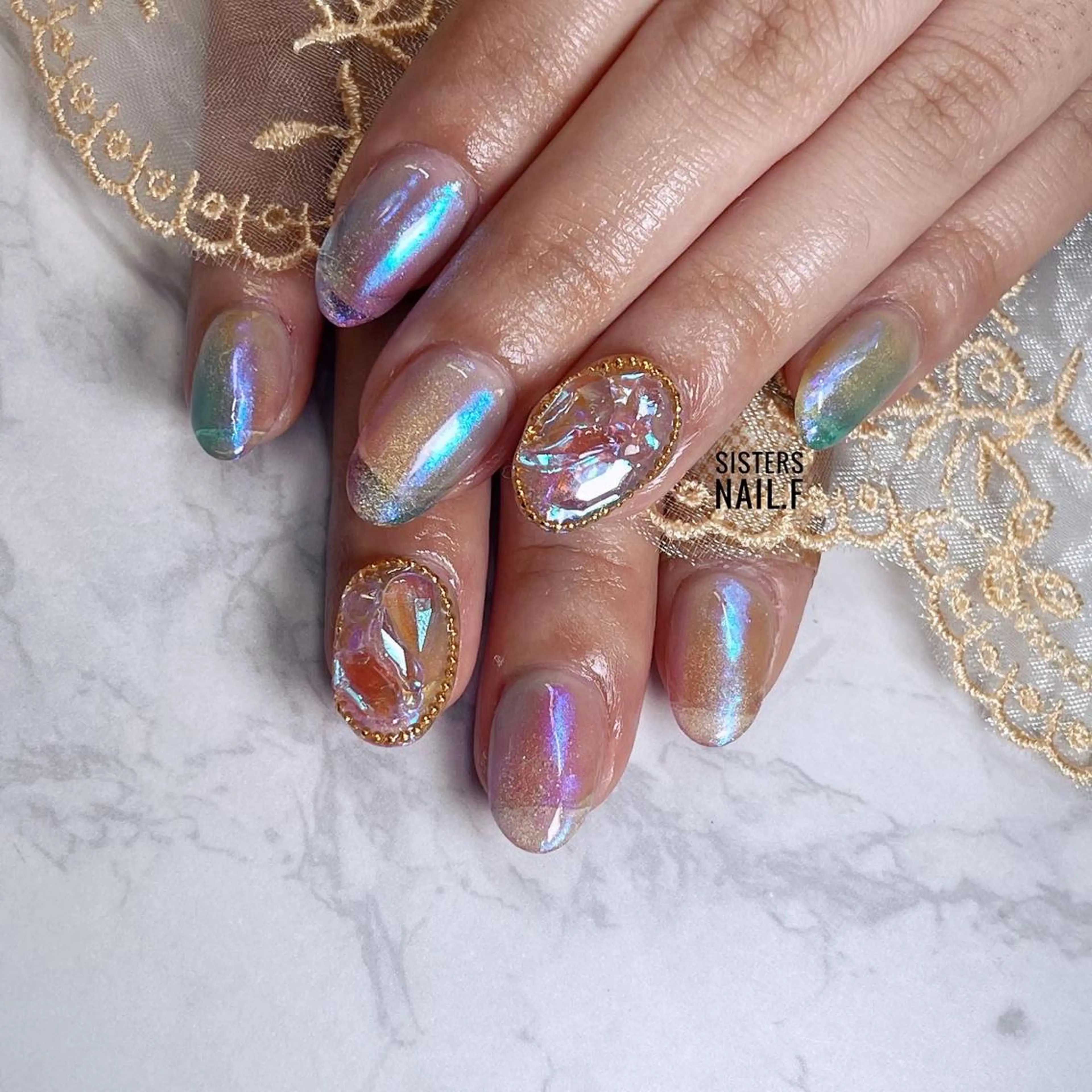 ネイル アートネイル オーロラネイル 氷ネイル・うるうるネイル ストーンネイル 夏ネイル sisters nail.fのネイルデザイン