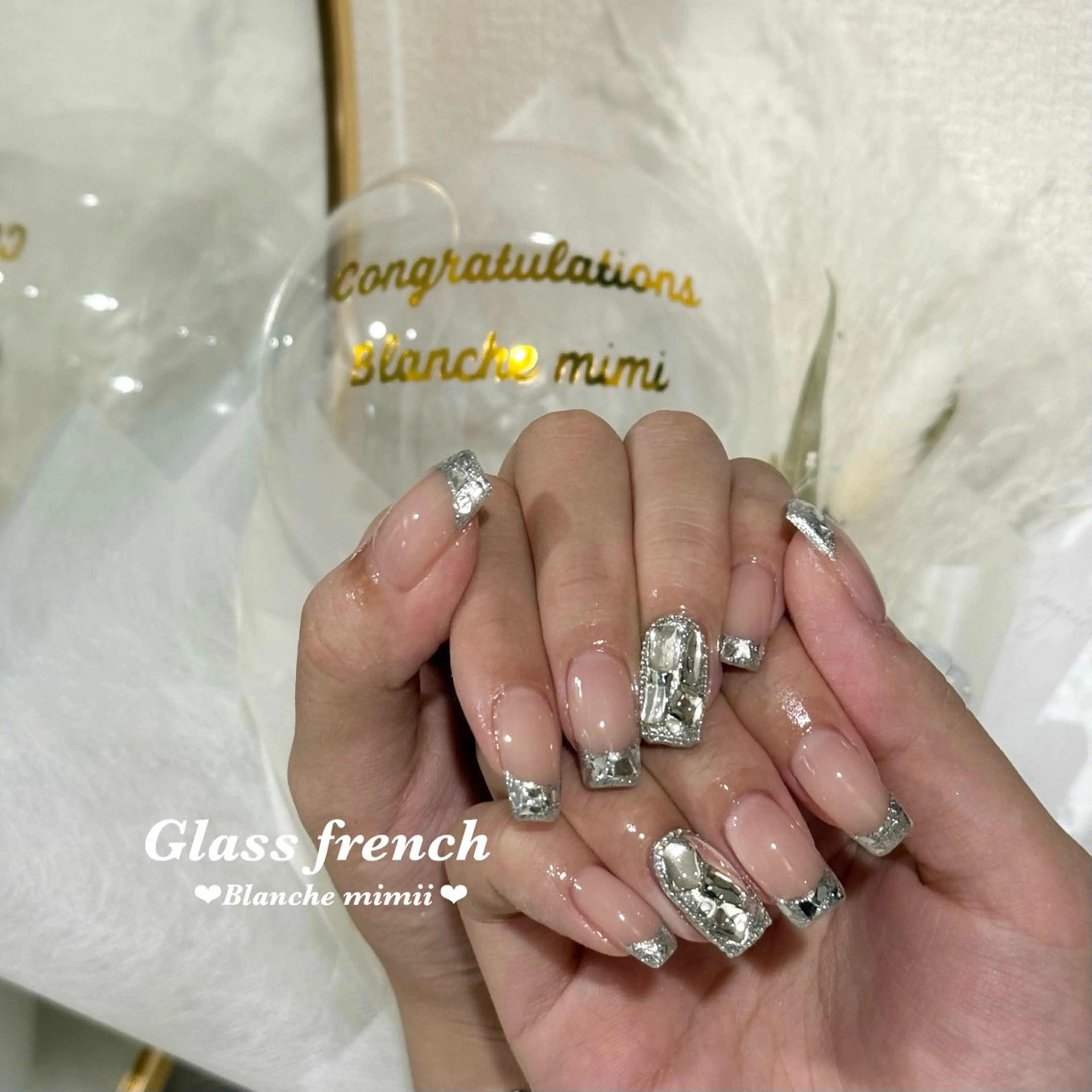 ネイル フレンチネイル ガーリー ガラスフレンチ キラキラネイル 韓国ネイル ハンドネイル Blanche Ayaのネイルデザイン