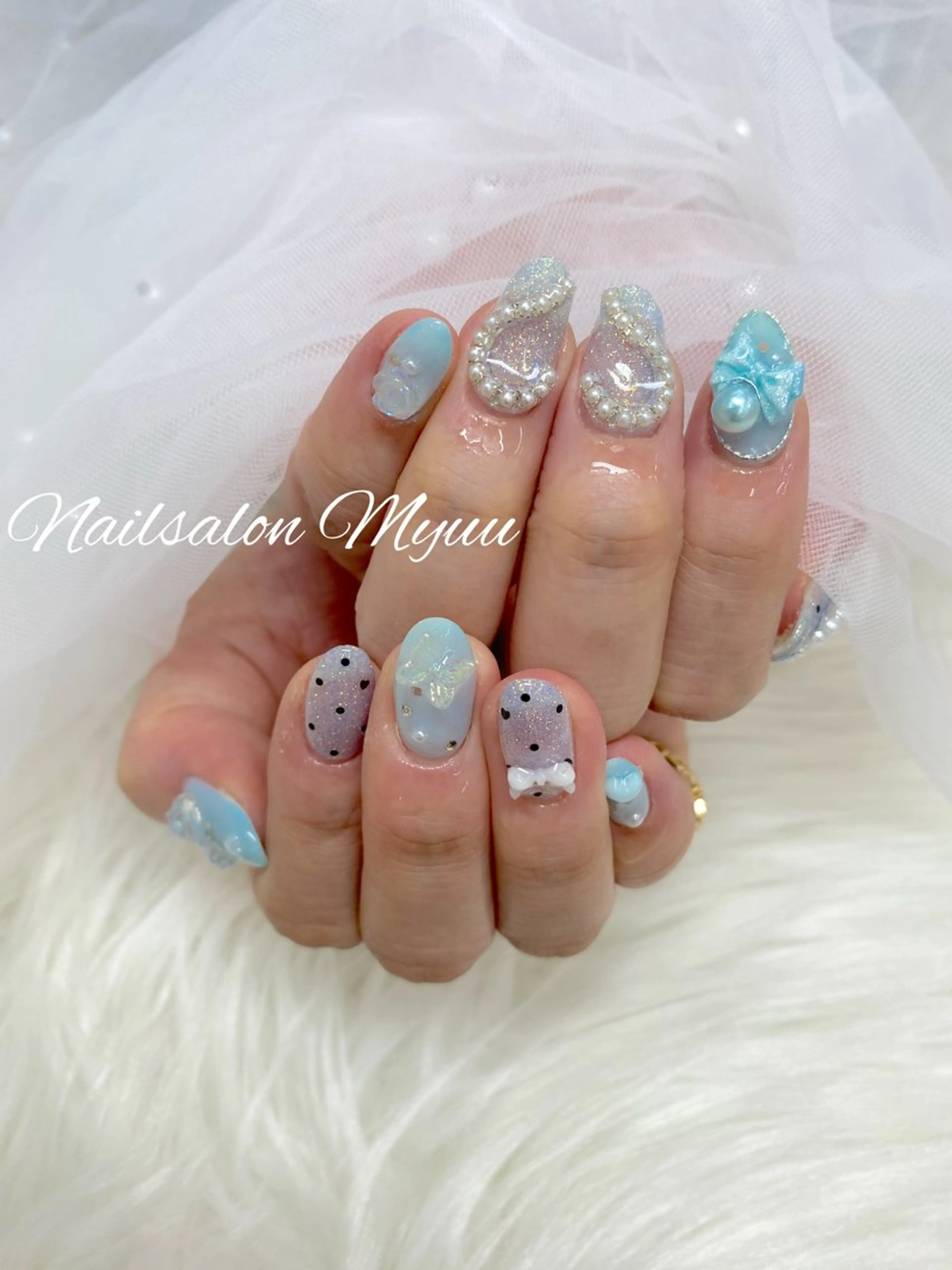 ネイル ガーリー 水色 ハンドネイル Nailsalon Myuu笠原のネイルデザイン