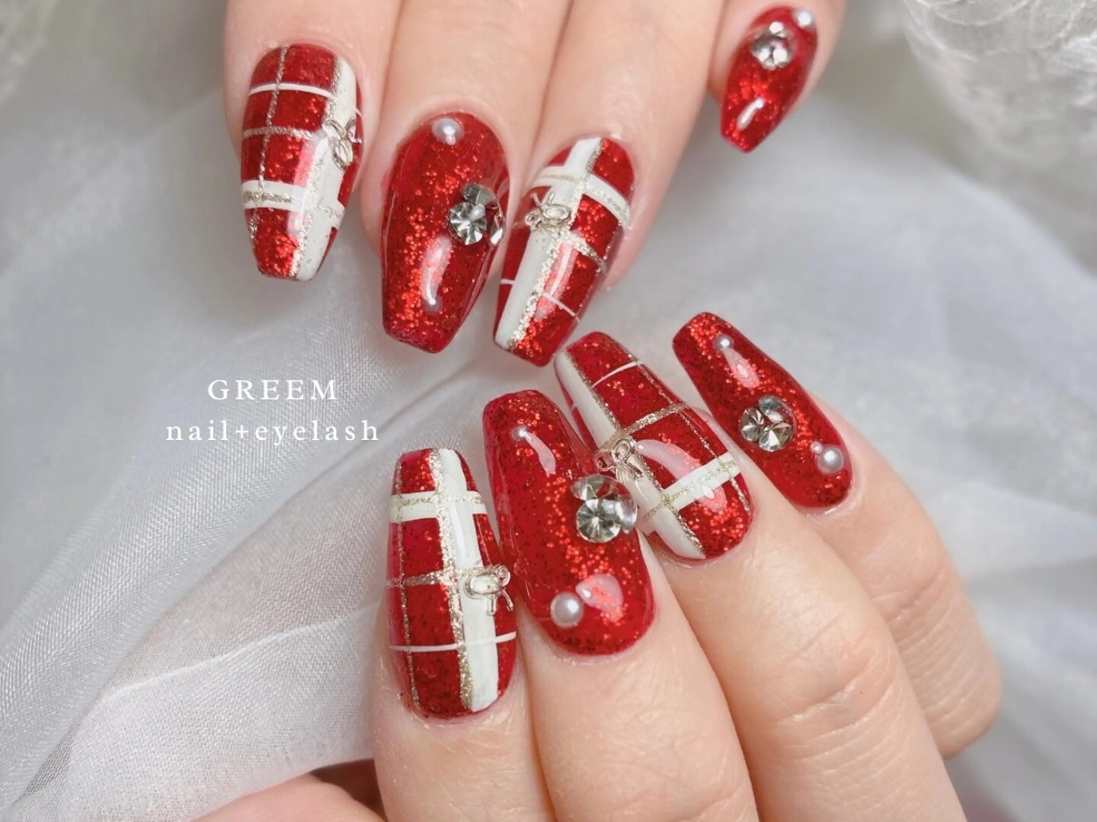ネイル ラメ(グリッター) 赤色 冬ネイル クリスマス GREEM グリームのネイルデザイン