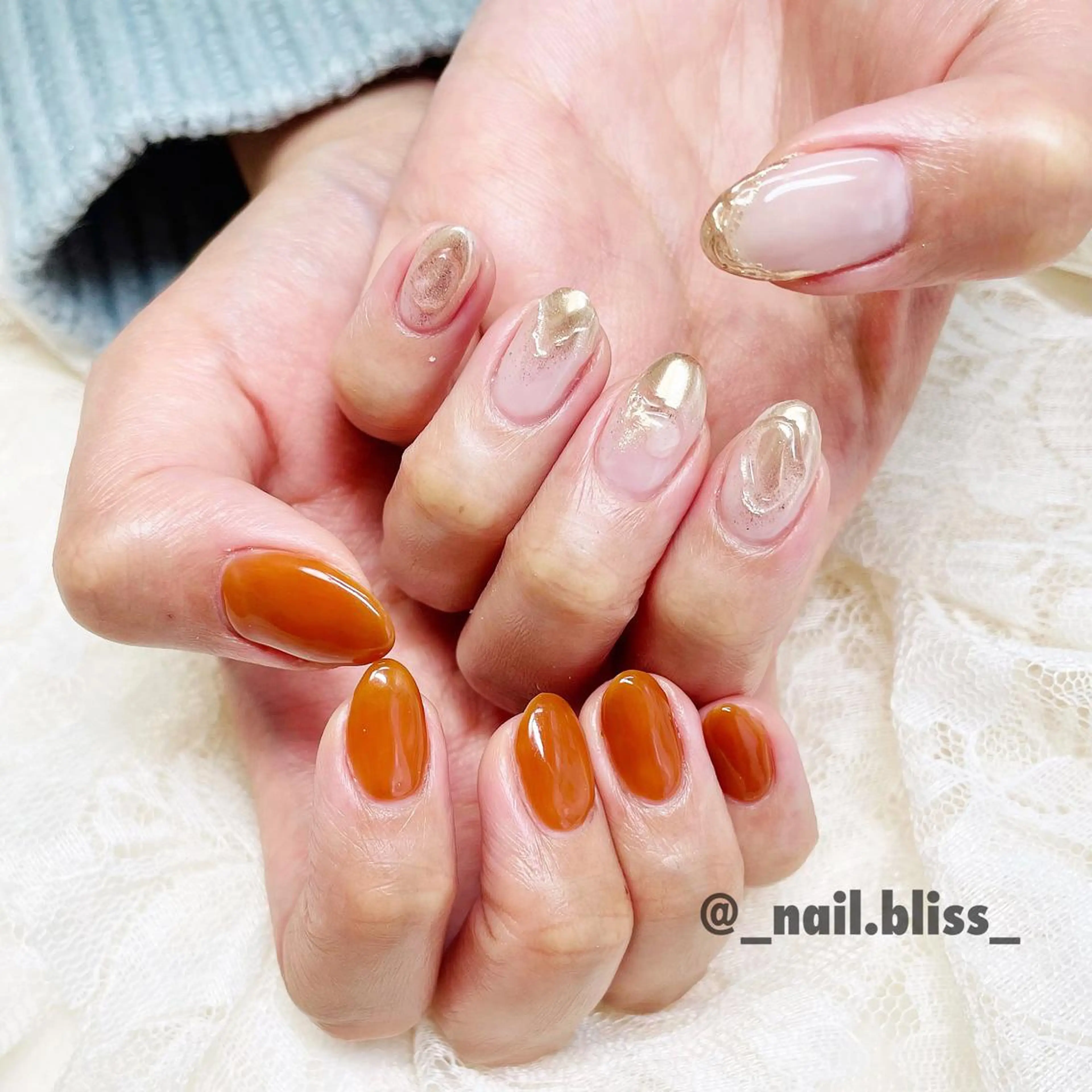 ネイル ブラウン ミラーネイル オレンジ ハンドネイル NAIL BLISSのネイルデザイン