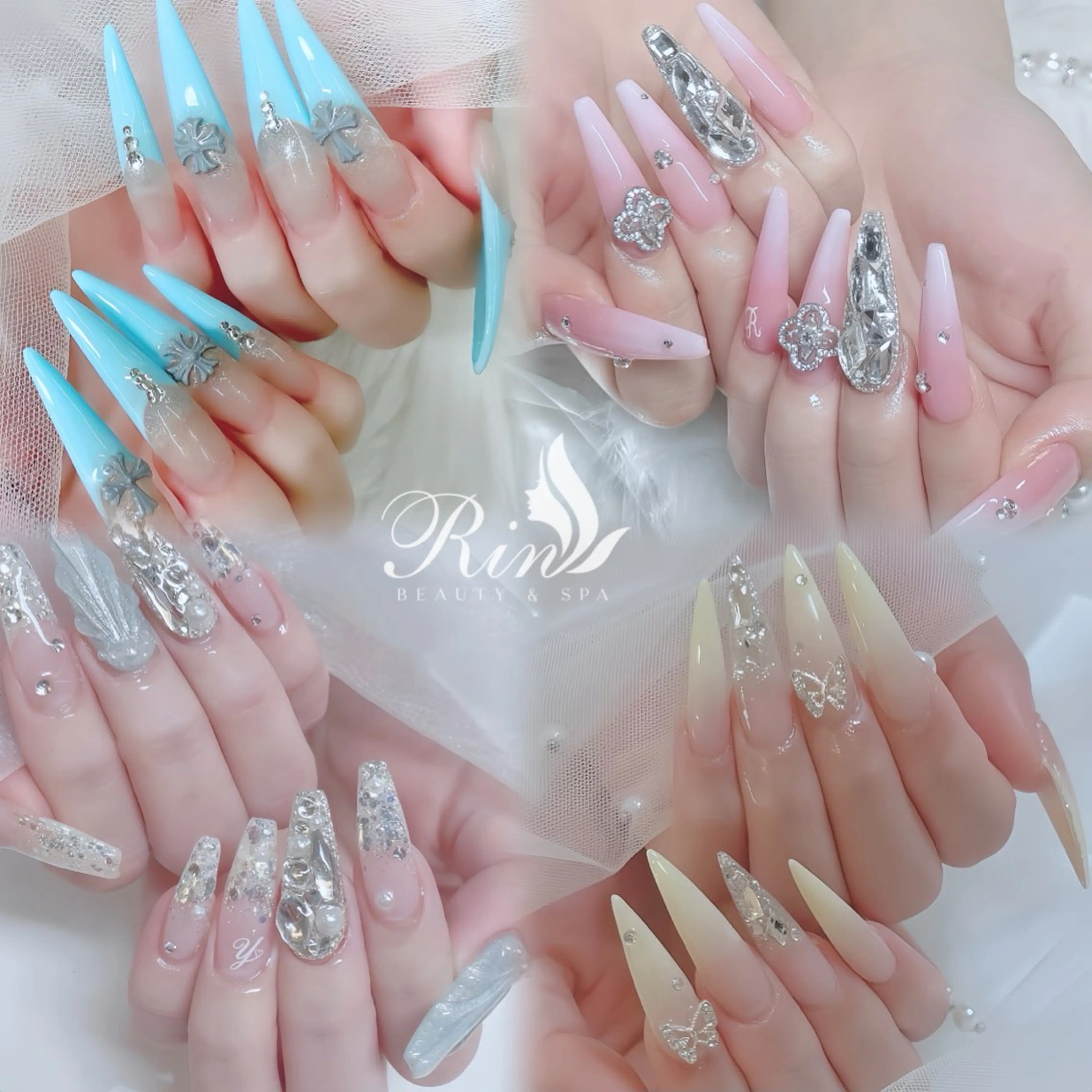 ネイル アートネイル 長さ出し ガーリー 韓国ネイル 持ち込み Rin Nail 新大久保店のネイルデザイン