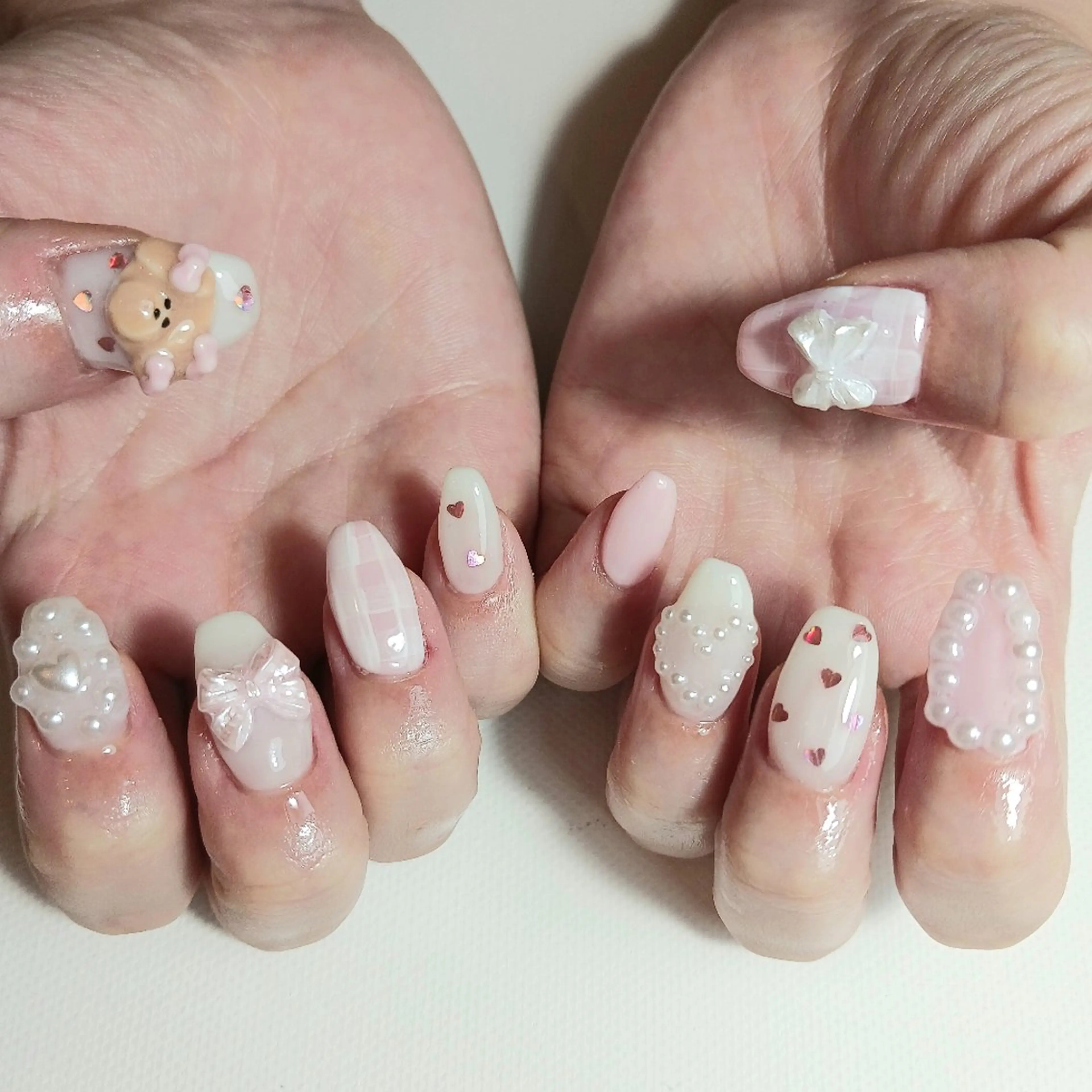 ネイル ジェルネイル ガーリー ハート 持ち込み ピンク ハンドネイル owlnail /持込みデザイン専門のネイルデザイン
