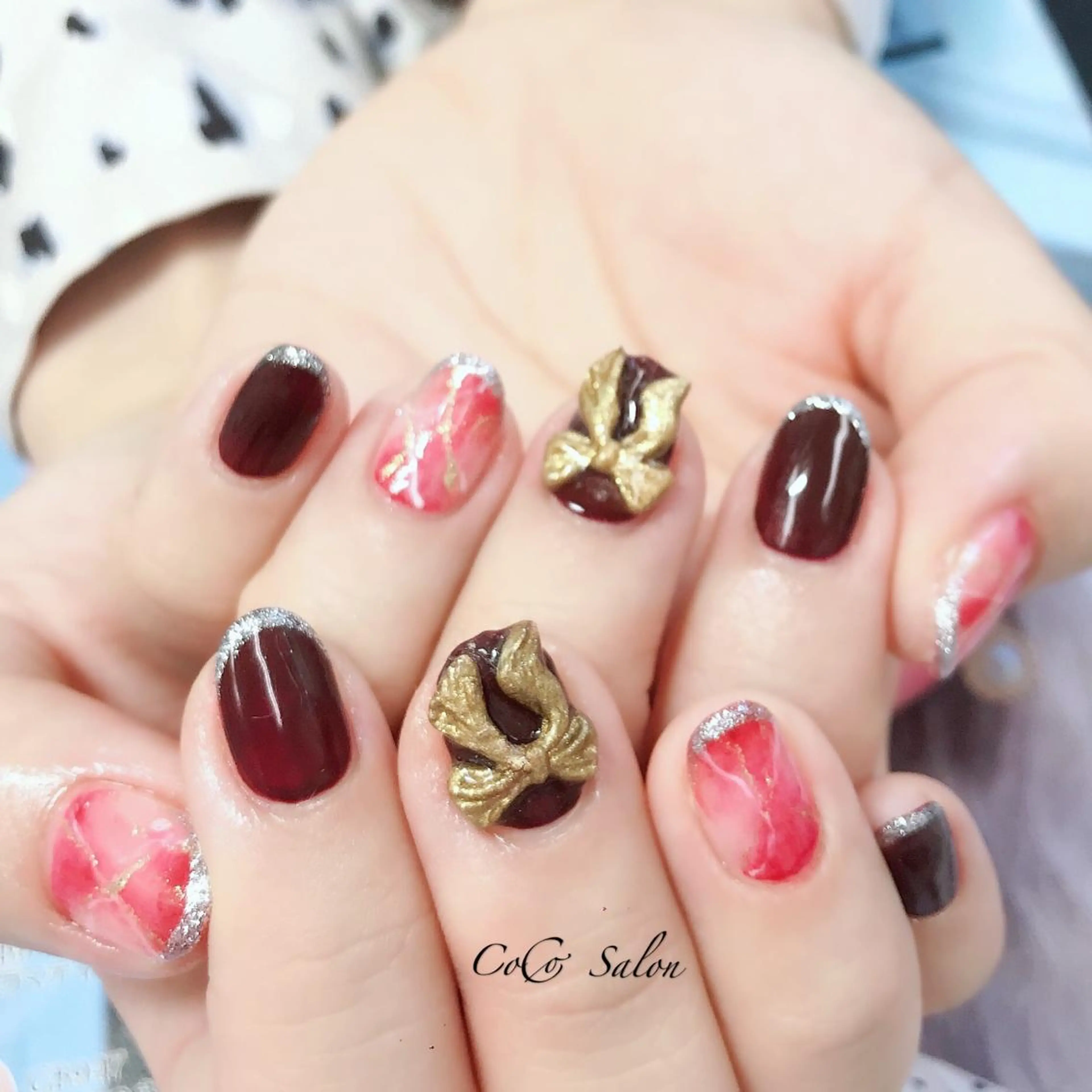 ネイル ボルドー フレンチネイル 大理石ネイル(マーブル) ニュアンスネイル リボン CoCoSalon ネイル/まつ毛予約のネイルデザイン