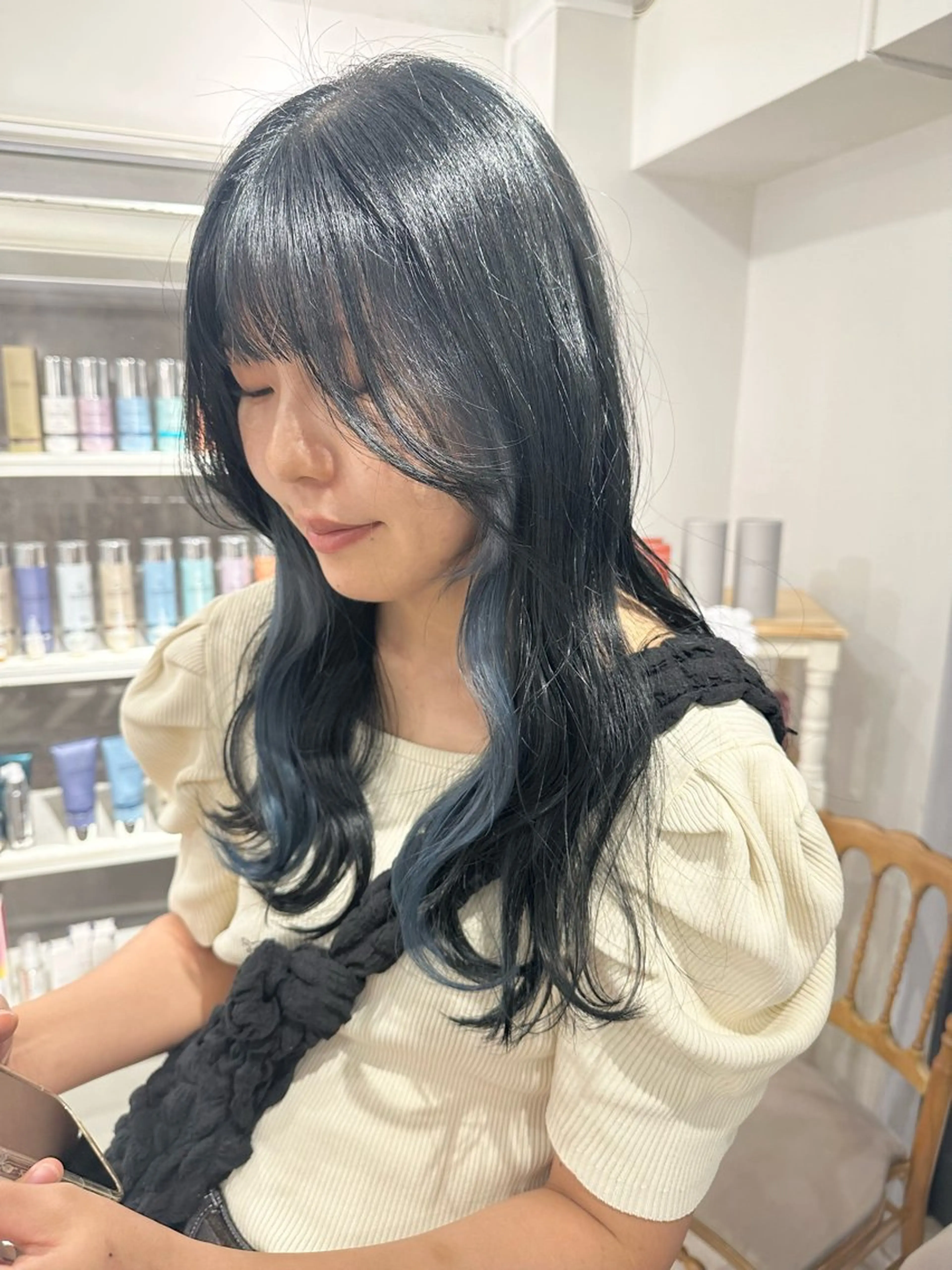 ロング カラー ブルーカラー ブルーグレー ブルーグレージュ グレージュ インナーカラー 透明感/レイヤー/ 姫カット Fukuのヘアスタイル