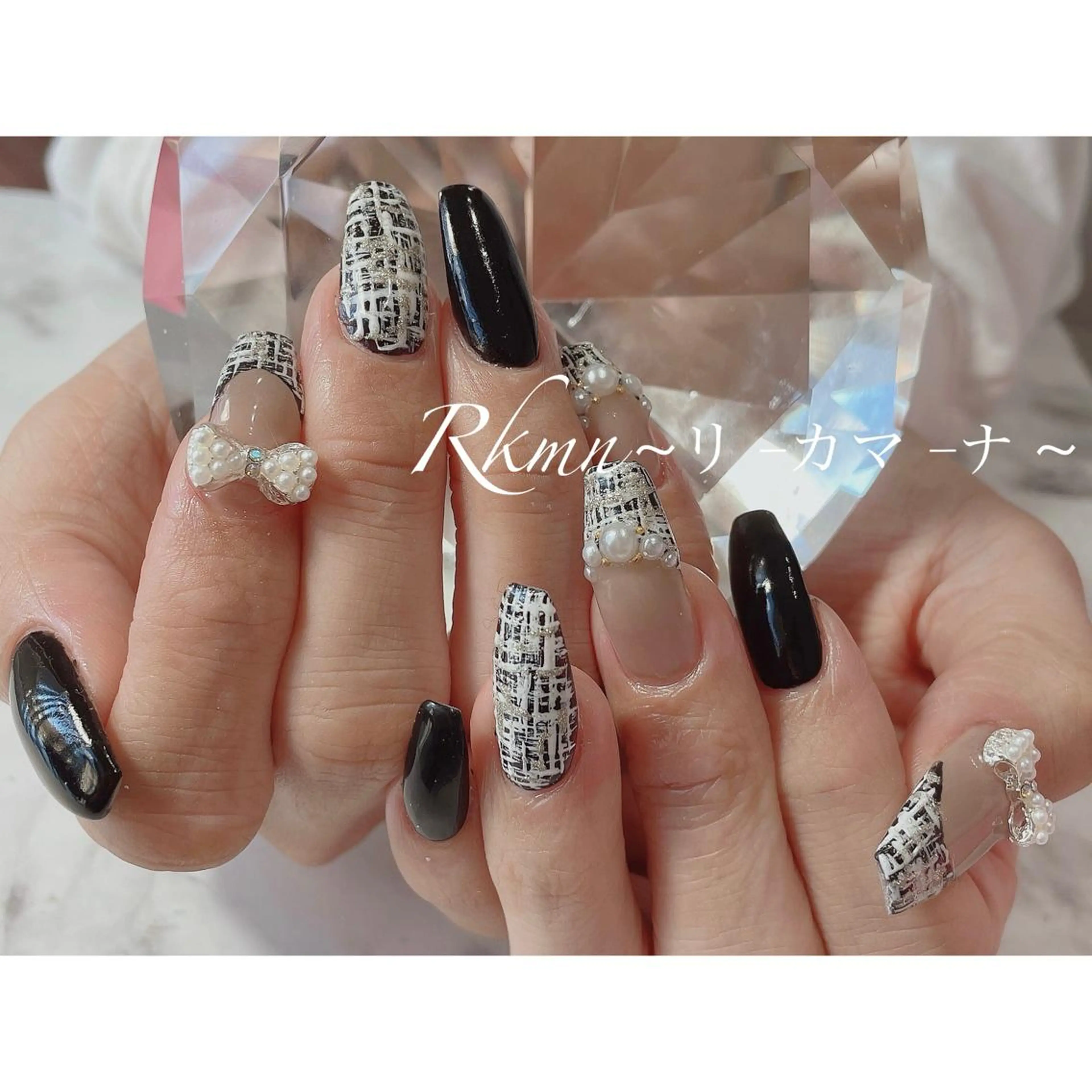 ネイル アートネイル フレンチネイル リボン 春ネイル ツイードネイル ハンドネイル フットネイル ハンドケア Rkmn ~リ-カマ-ナ~のネイルデザイン