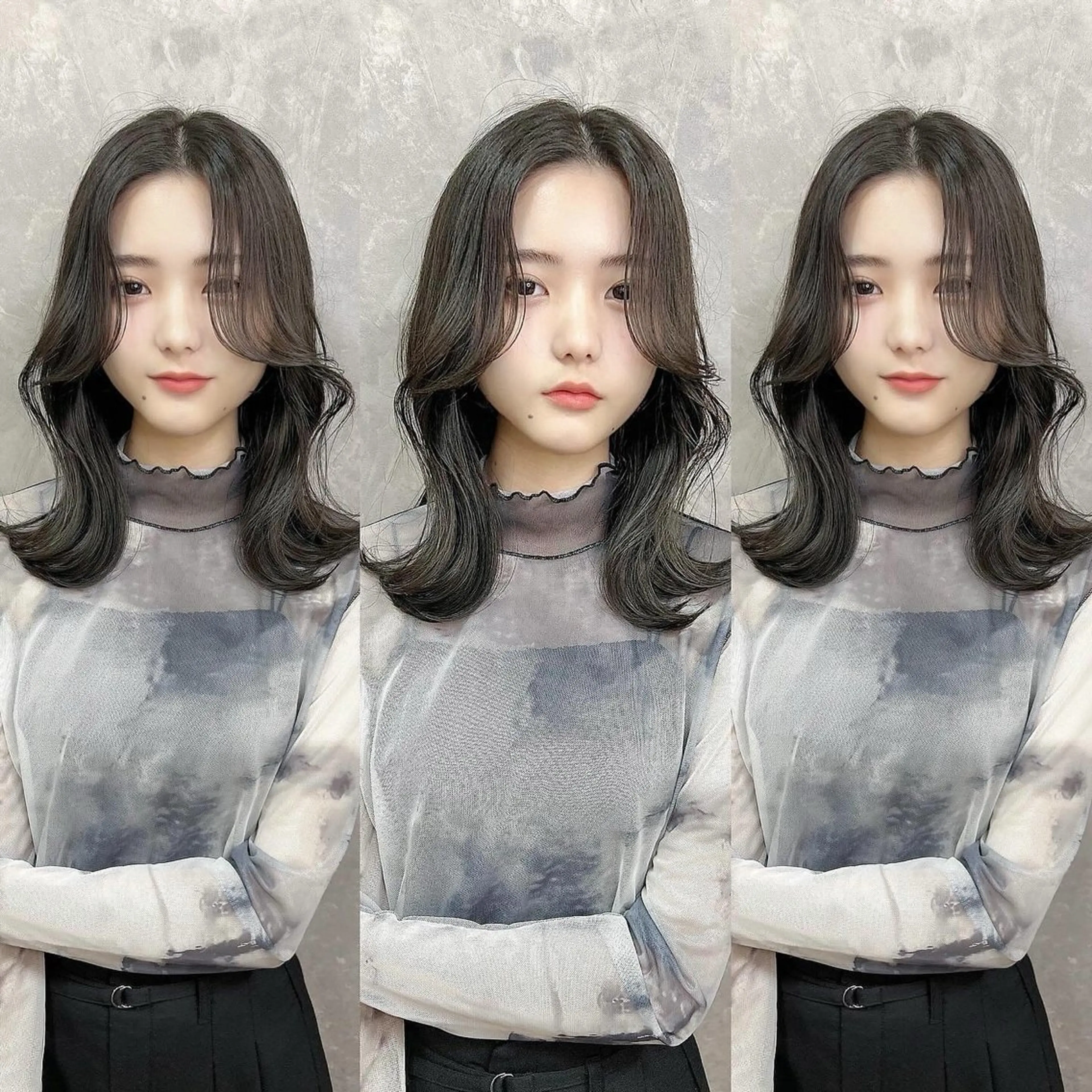 セミロング 韓国🇰🇷レイヤー カットオリーブカラーのヘアスタイル