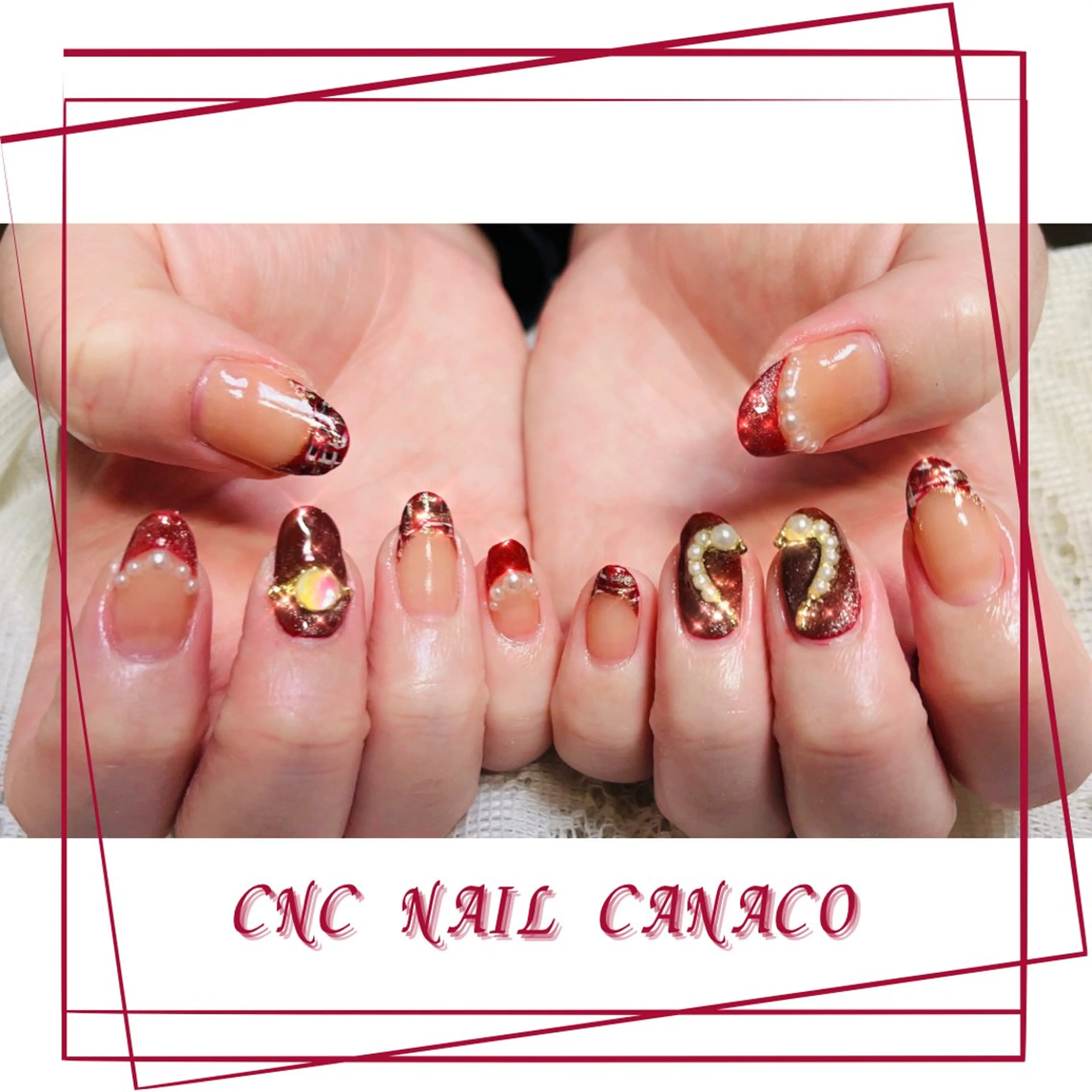 ネイル アートネイル ボルドー キラキラネイル 持ち込み ストーンネイル ハンドネイル ハンドケア ベテランネイル cnc  nailのネイルデザイン