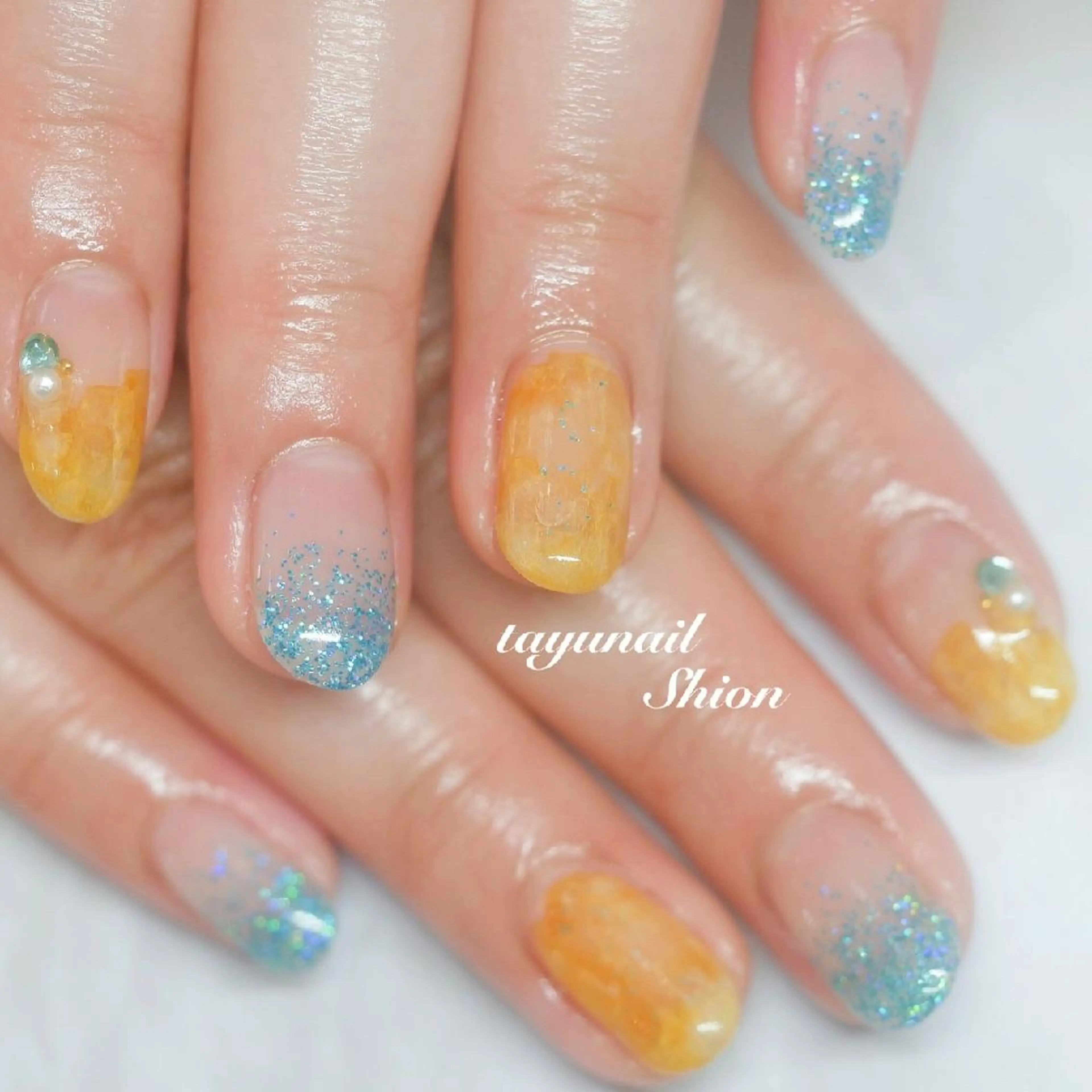 ネイル アートネイル ブルー ジェルネイル オレンジ パラジェル ネイルサロン 【たゆnail】のネイルデザイン