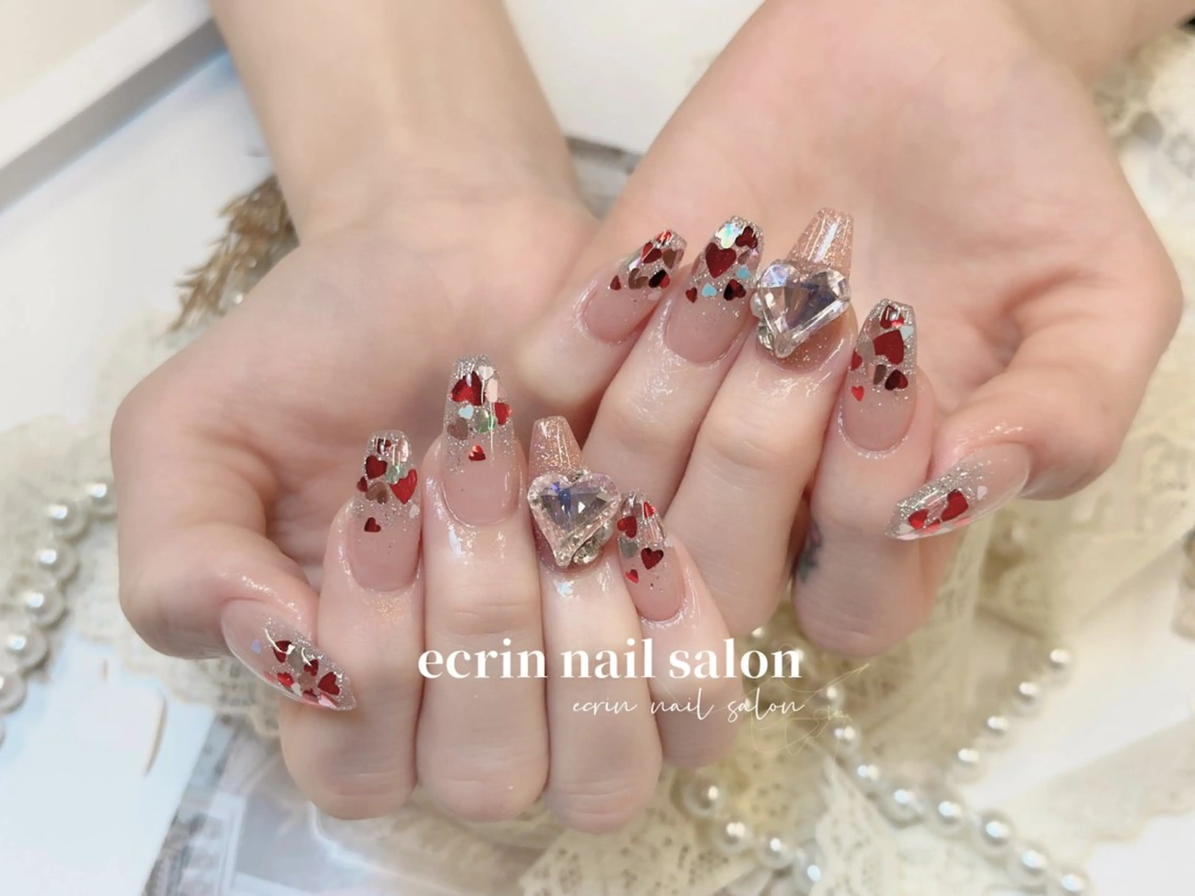 ネイル グラデーション ハート ラメ(グリッター) ラメグラデーション ハンドネイル ハンドケア ecrin nail salon錦糸町のネイルデザイン