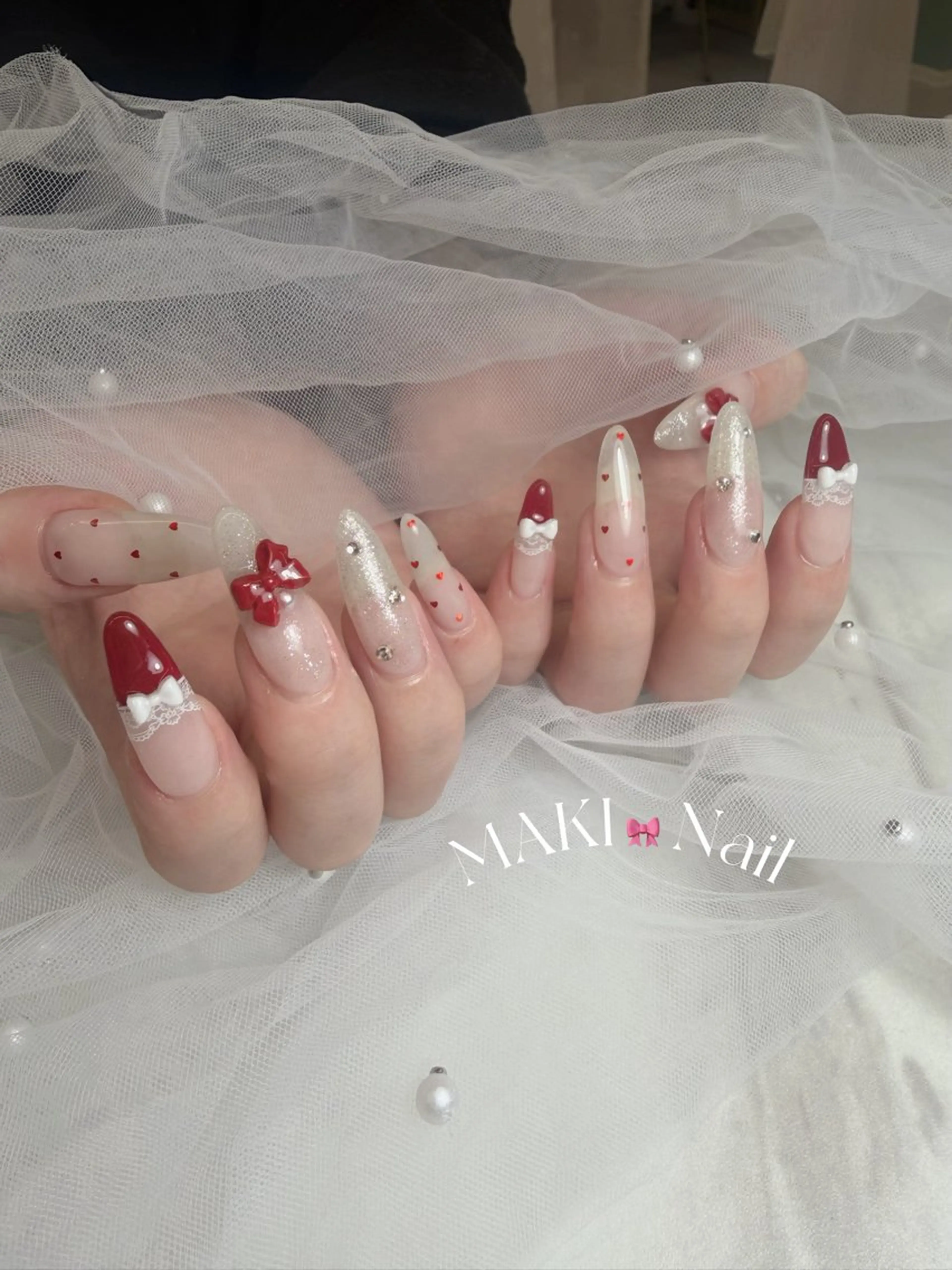 ネイル ボルドー レース バレンタイン ハンドネイル MAKI💎 大人可愛い/堺筋本町のネイルデザイン