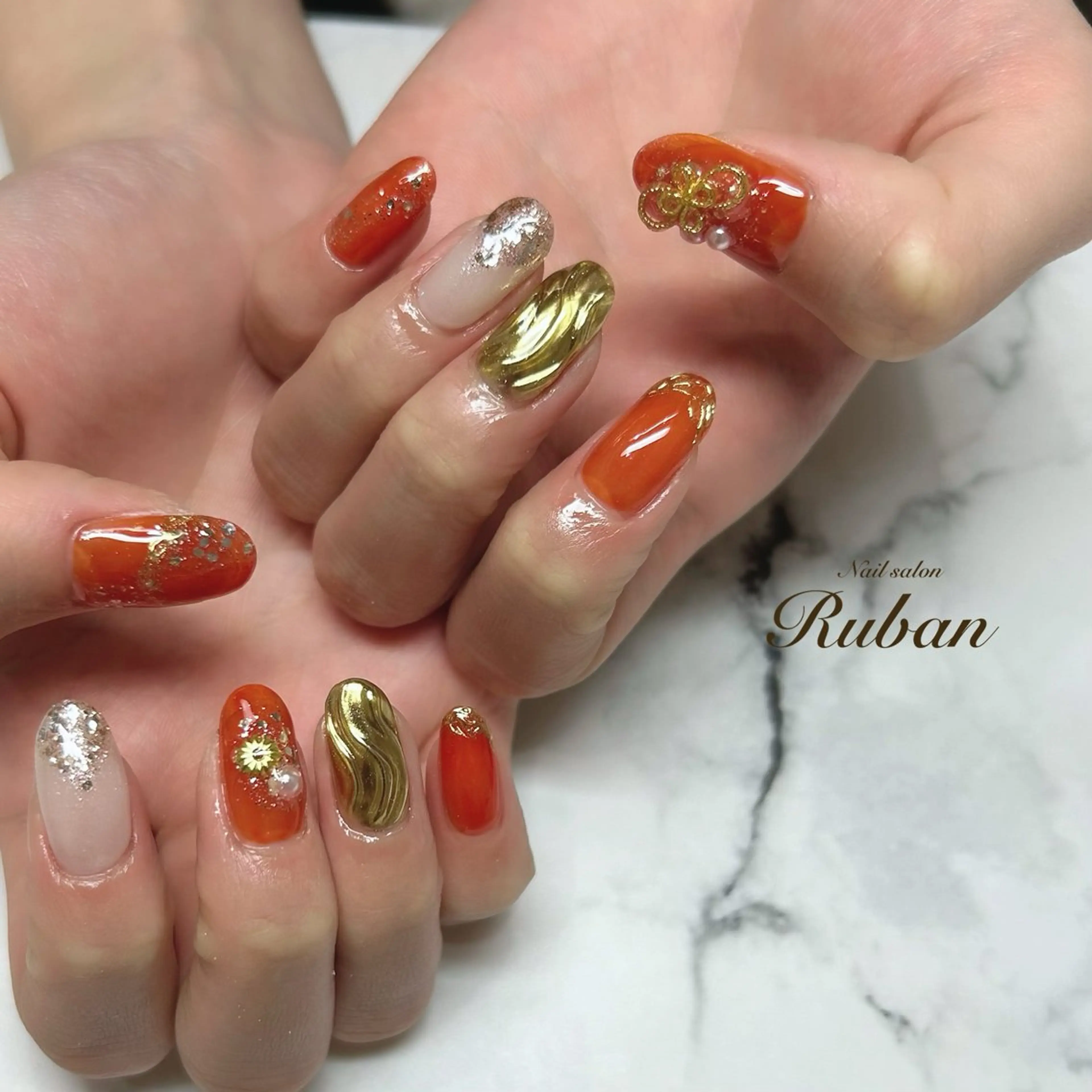 ネイル 成人式 オレンジ Nail salon Rubanのネイルデザイン