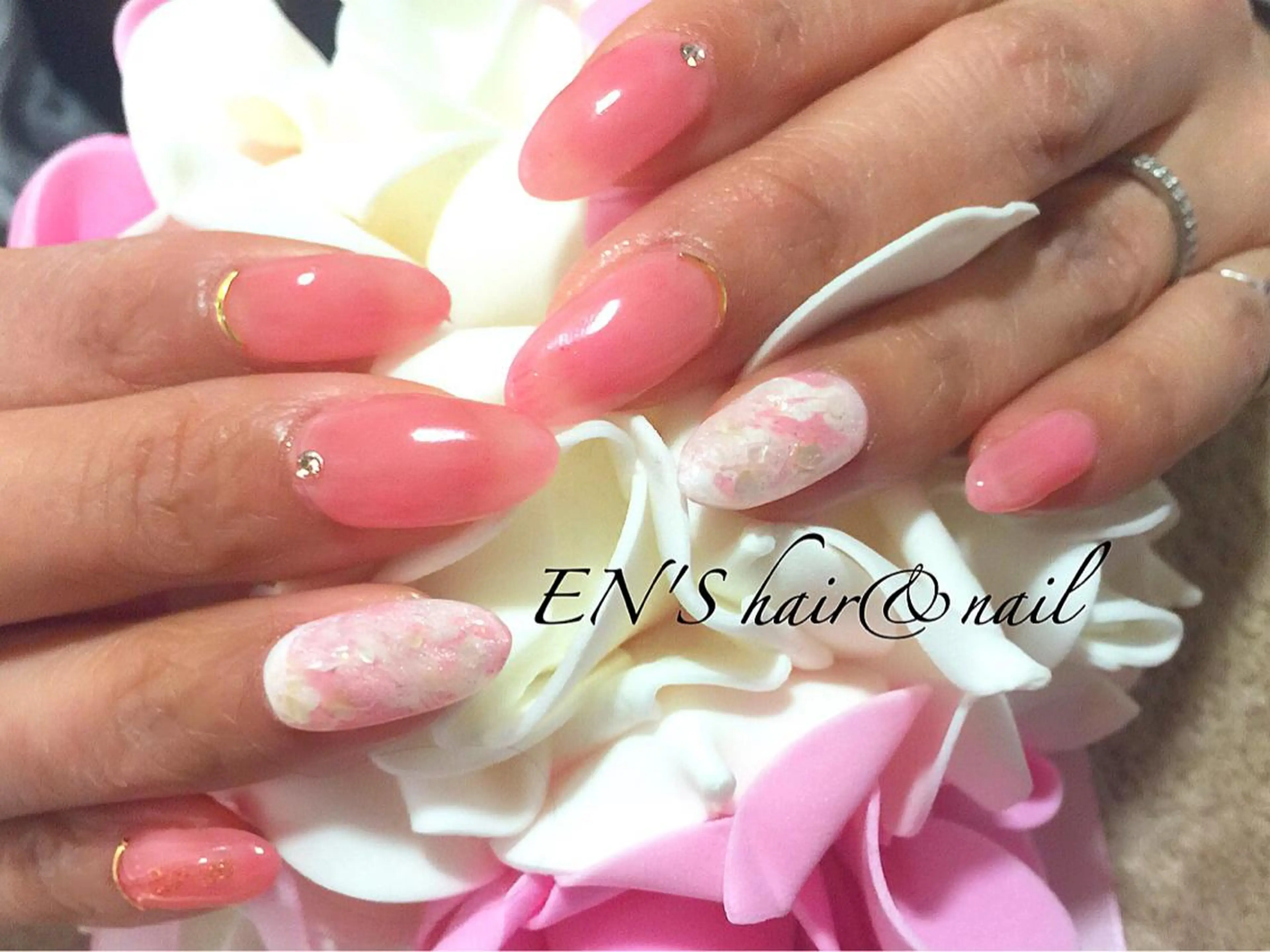 ネイル 大理石ネイル(マーブル) ピンク フルリール 【プライベートサロンのネイルデザイン