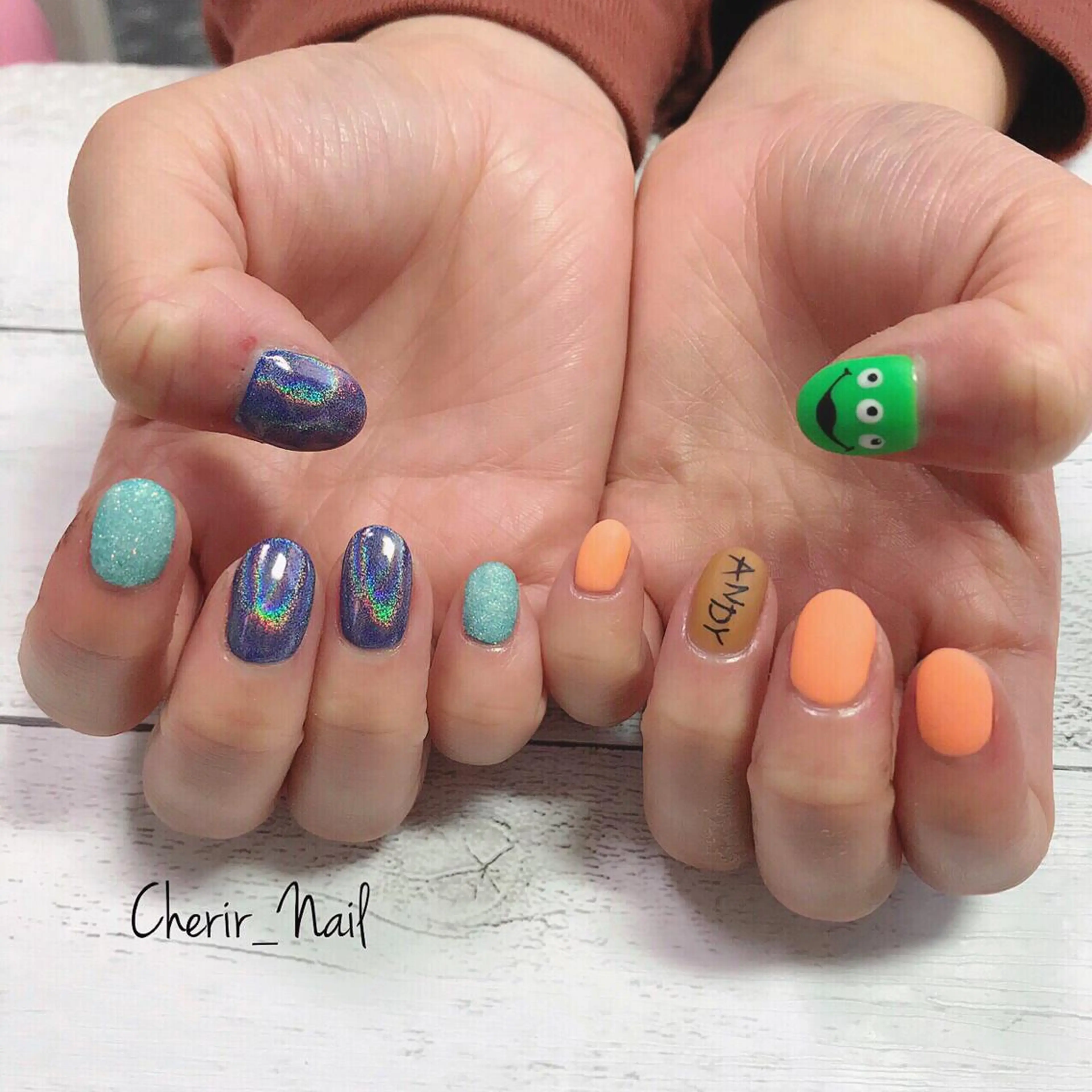 ネイル アートネイル ブルー ラメ(グリッター) マットネイル ミラーネイル Cherirnail kaoriのネイルデザイン