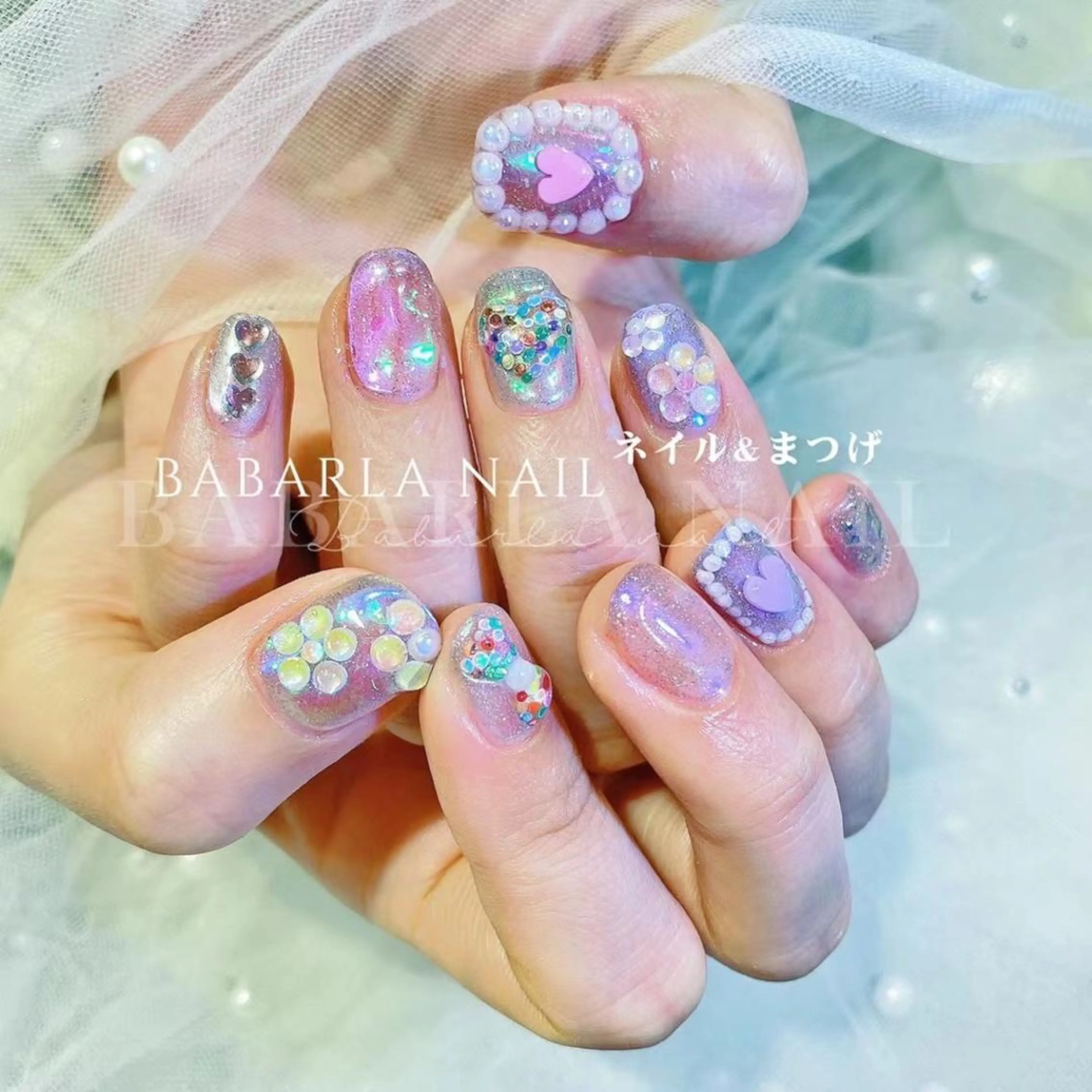 ネイル オーロラネイル ハート ピンク リボン Babarla nailのネイルデザイン