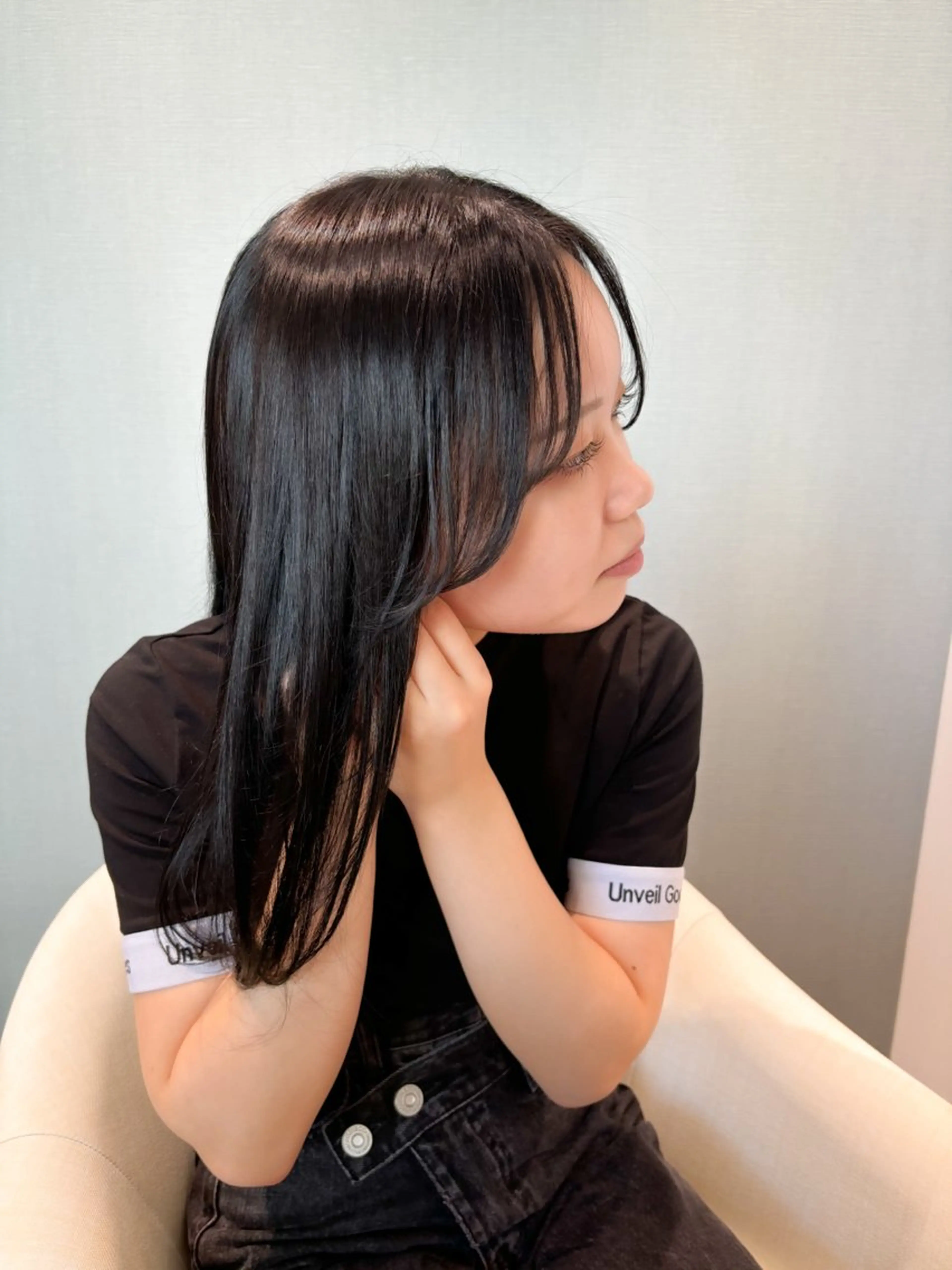 セミロング カラー パーマ 黒髪 ブルーカラー ブルーブラック 透明感カラー 髪質改善 Kaho🌼/メンズ ニュアンスパーマのヘアスタイル