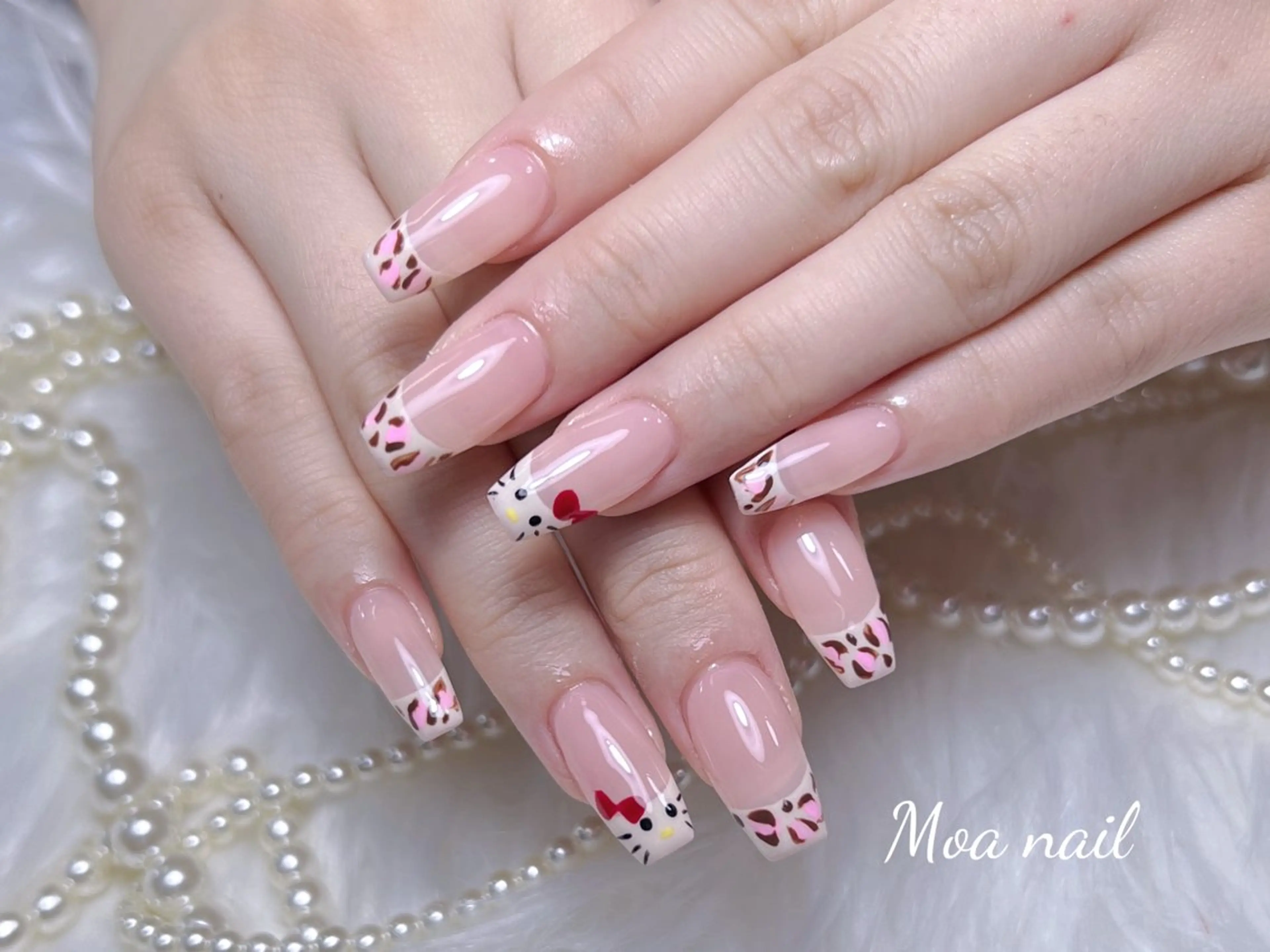 ネイル 長さ出し フレンチネイル ガラスフレンチ ハート キラキラネイル ハンドネイル Moa nailのネイルデザイン