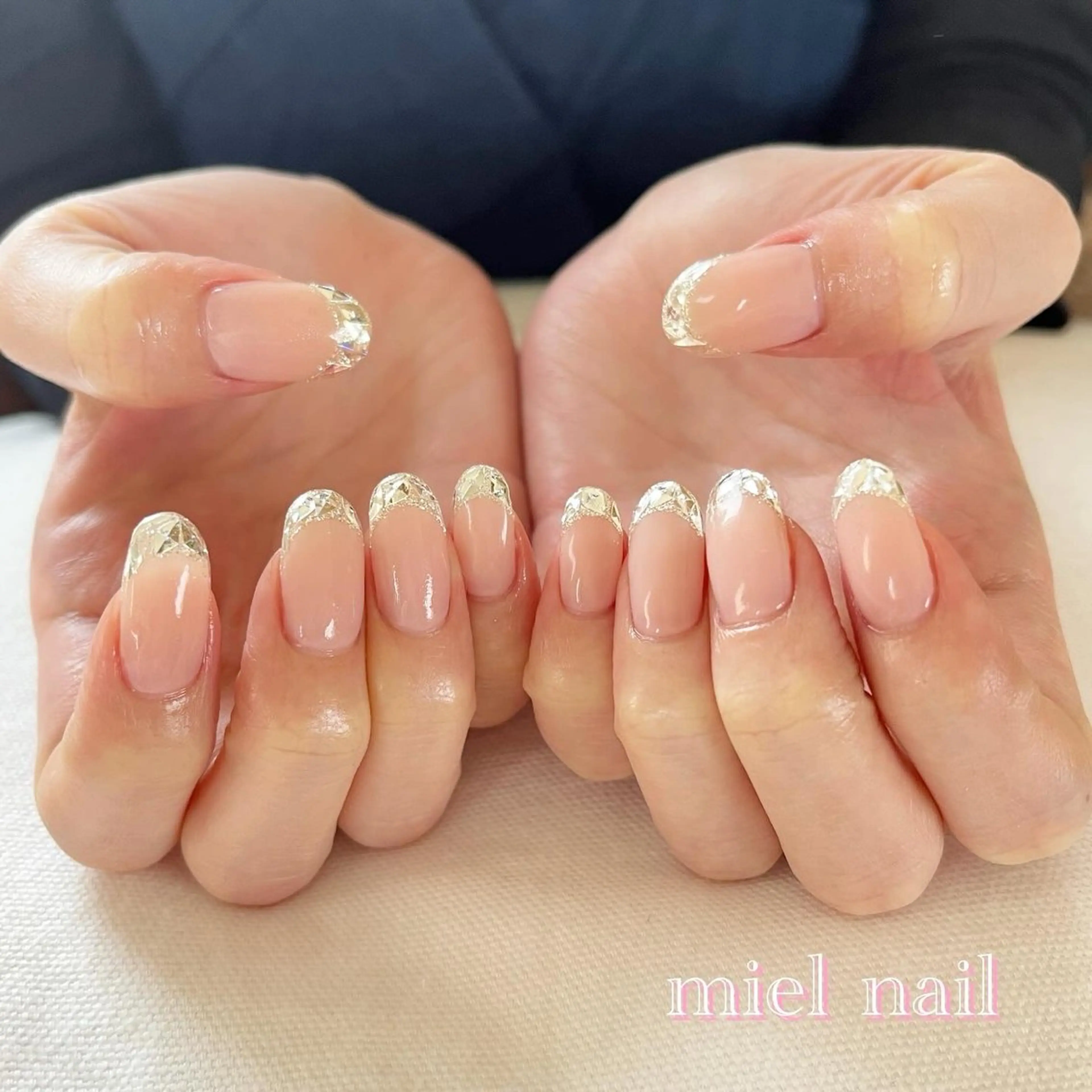 ネイル フレンチネイル ガラスフレンチ キラキラネイル ラメ(グリッター) ピンク ハンドネイル miel nailのネイルデザイン