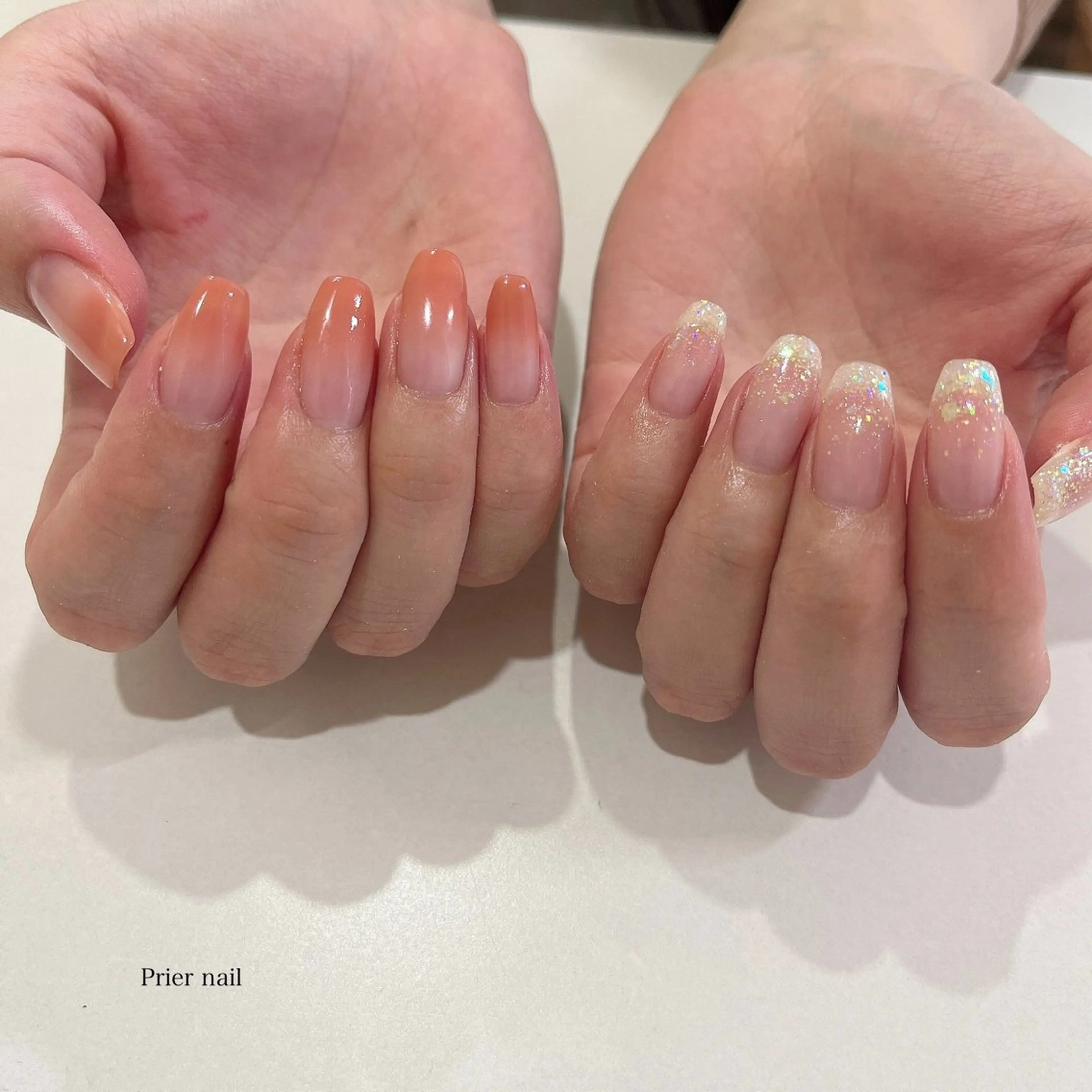 ネイル オーロラネイル ラメ(グリッター) オレンジ シンプルネイル Prier×Kew hair所属・Prier nailのネイルデザイン