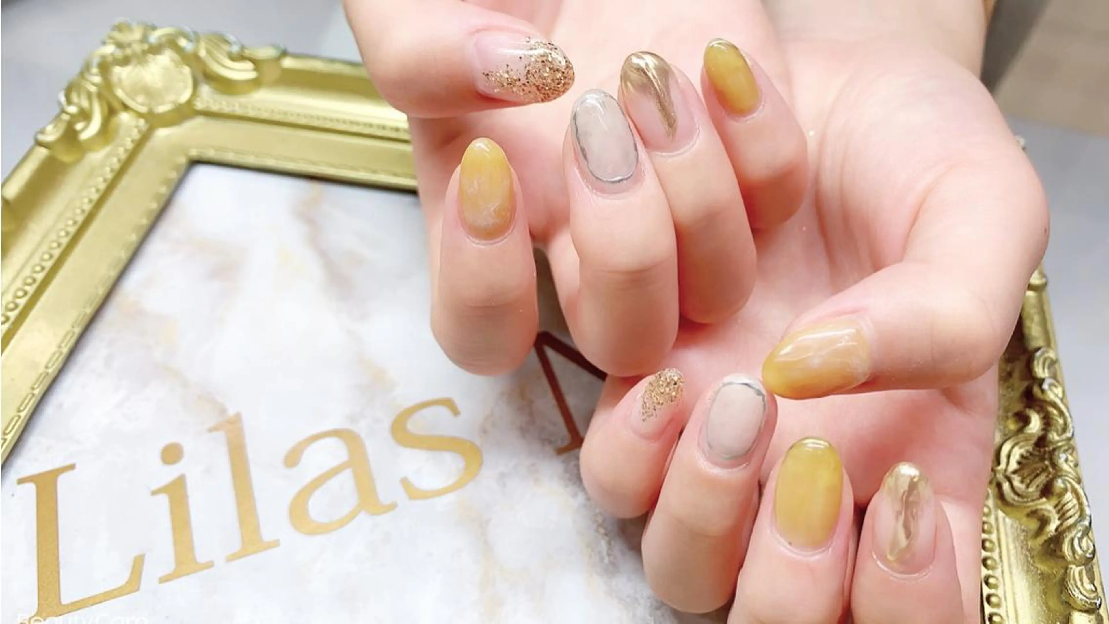 ネイル ジェルネイル ハードジェル ラメ(グリッター) ロングネイル ミラーネイル Lilas Nailのネイルデザイン