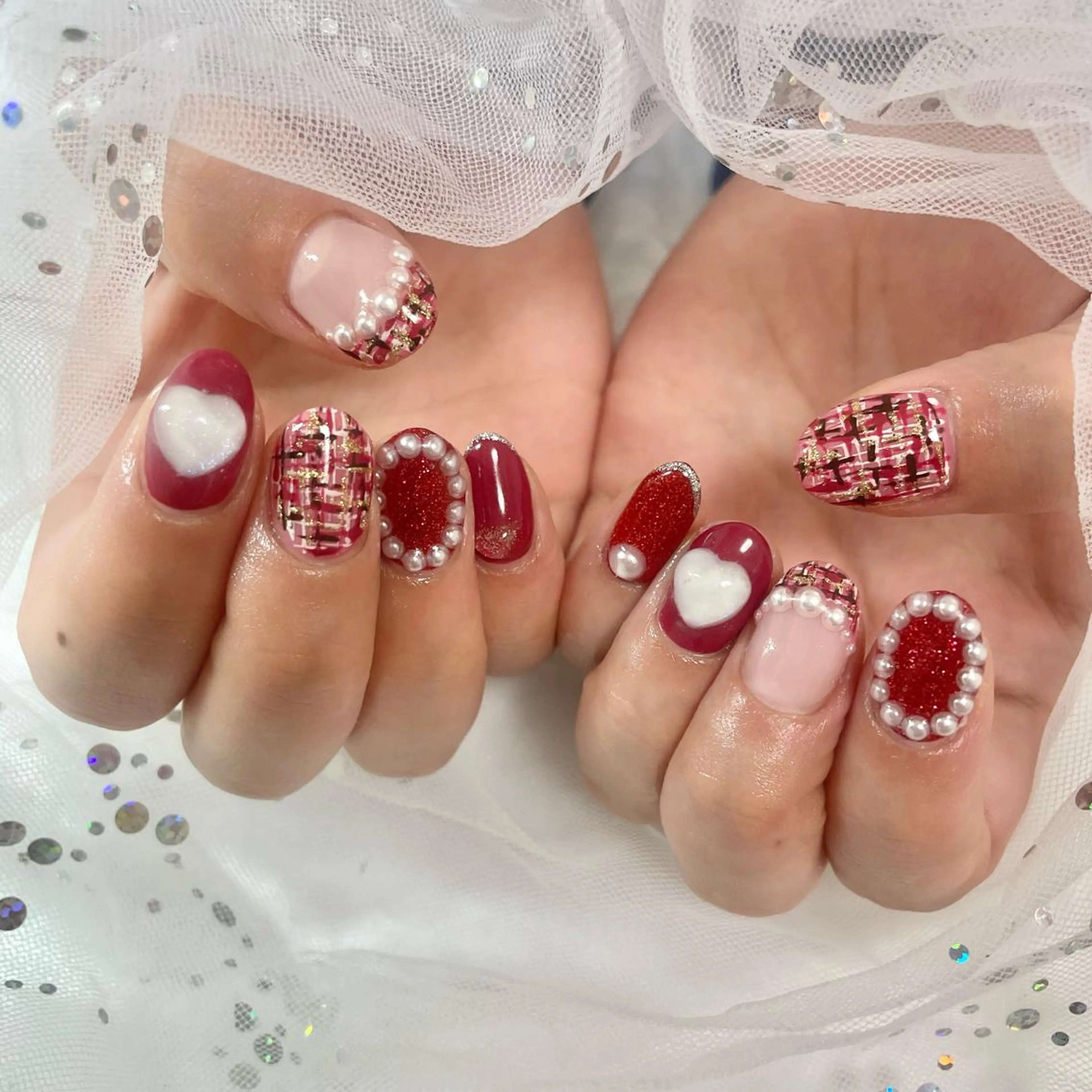 ネイル 赤色 ツイードネイル 🎀AYAKO 🎀中韓ネイルのネイルデザイン