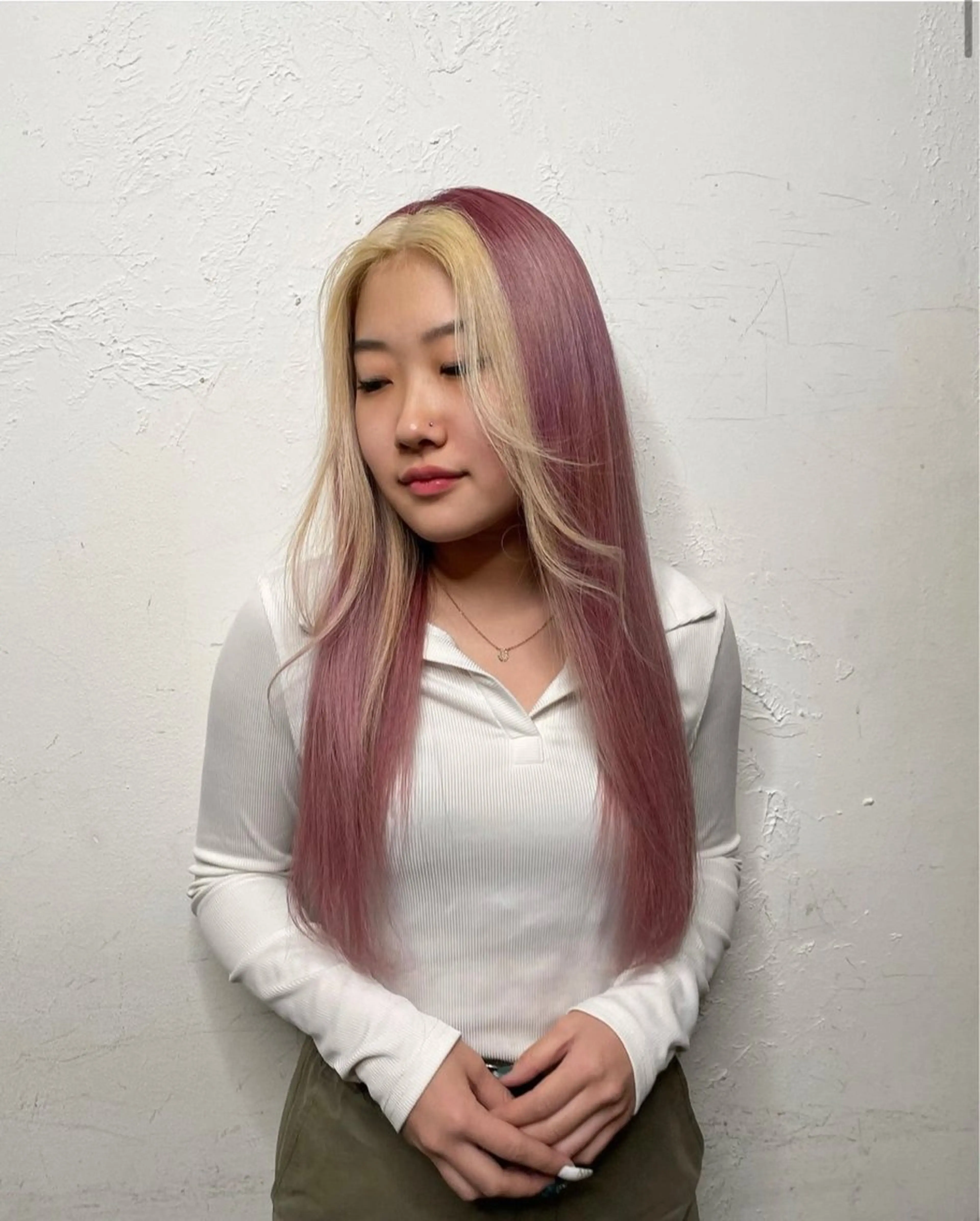 ロング カラー ミストバング ダブルカラー  フェイスフレーミング RINA ブリーチ / 海外レイヤーのヘアスタイル