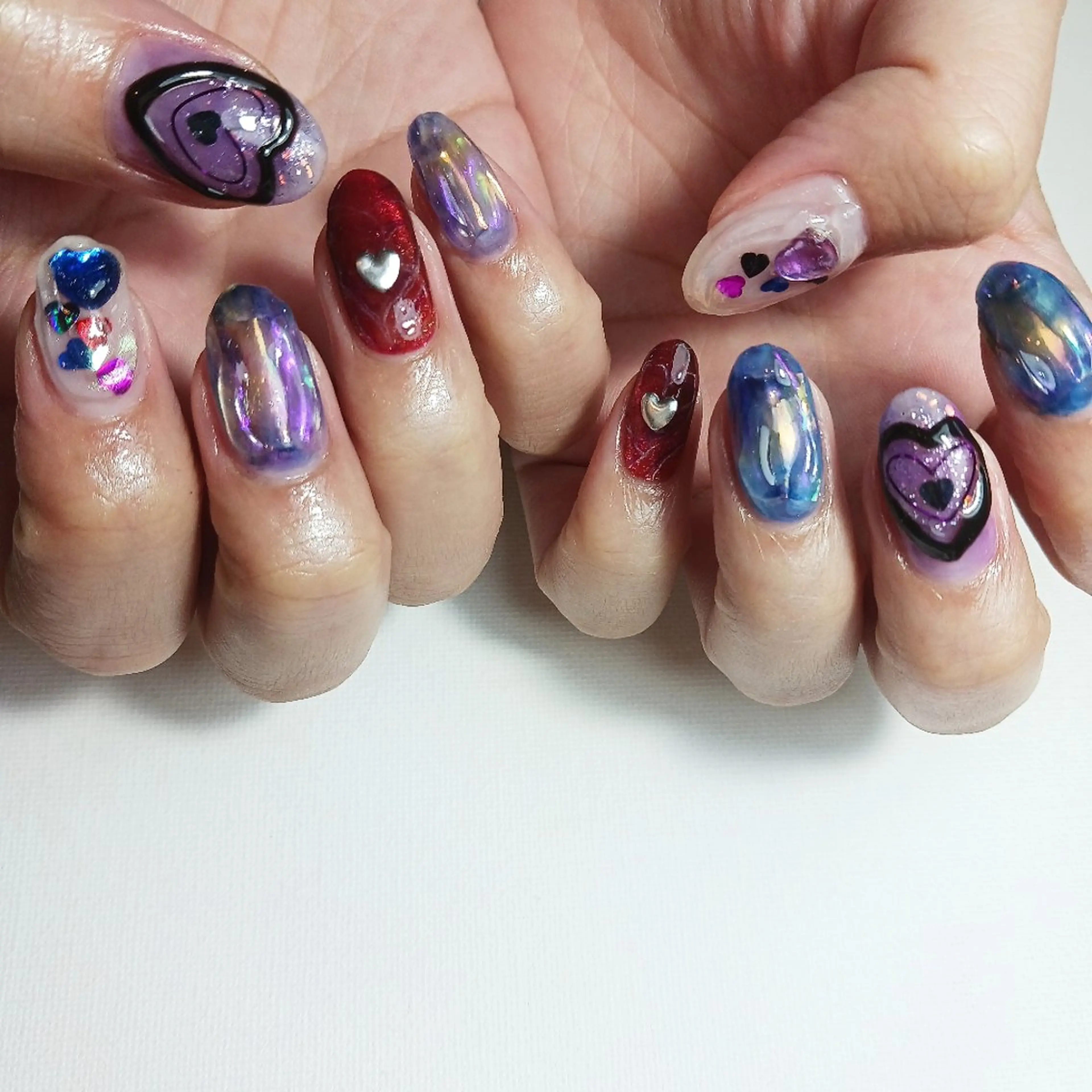ネイル ジェルネイル ハート 持ち込み パープル ショートネイル ハンドネイル owlnail /持込みデザイン専門のネイルデザイン