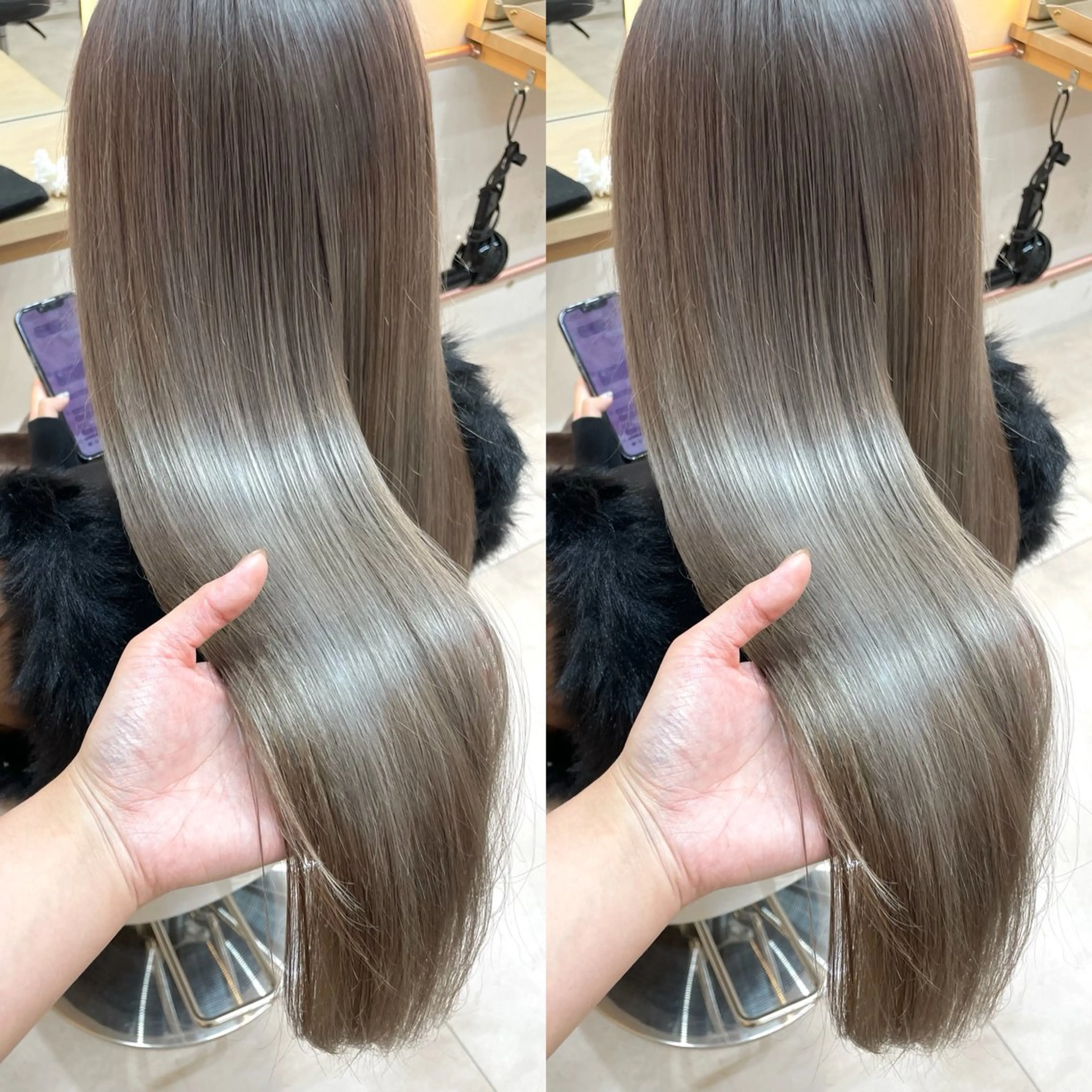 ロング カラー グレージュ ミルクティーグレージュ ヘアカラー トリートメント ヘアセット ブリーチ無しダブル カラー🦕まどかのヘアスタイル