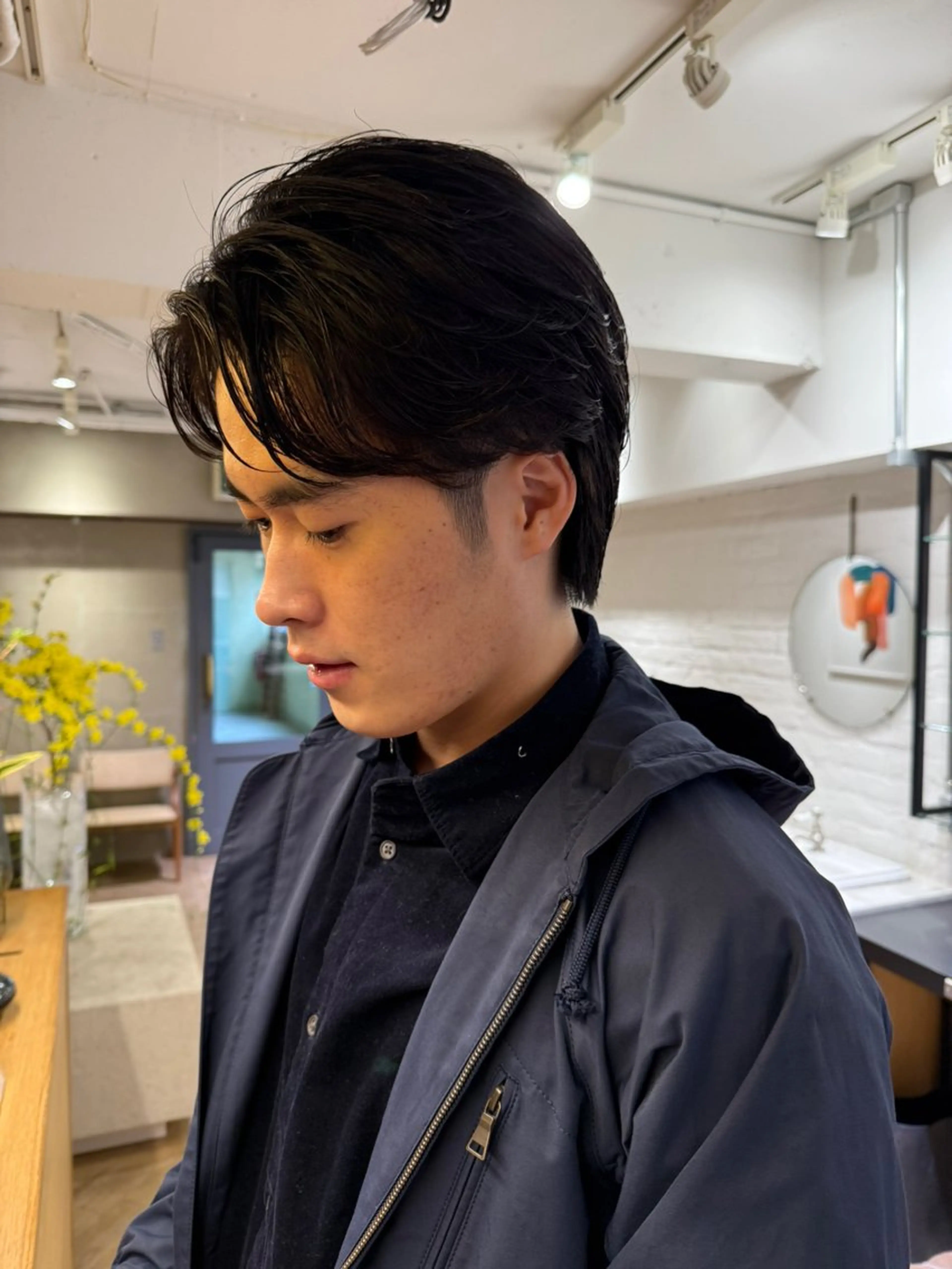 ミディアム メンズ パーマ センターパート 田形清流のヘアスタイル