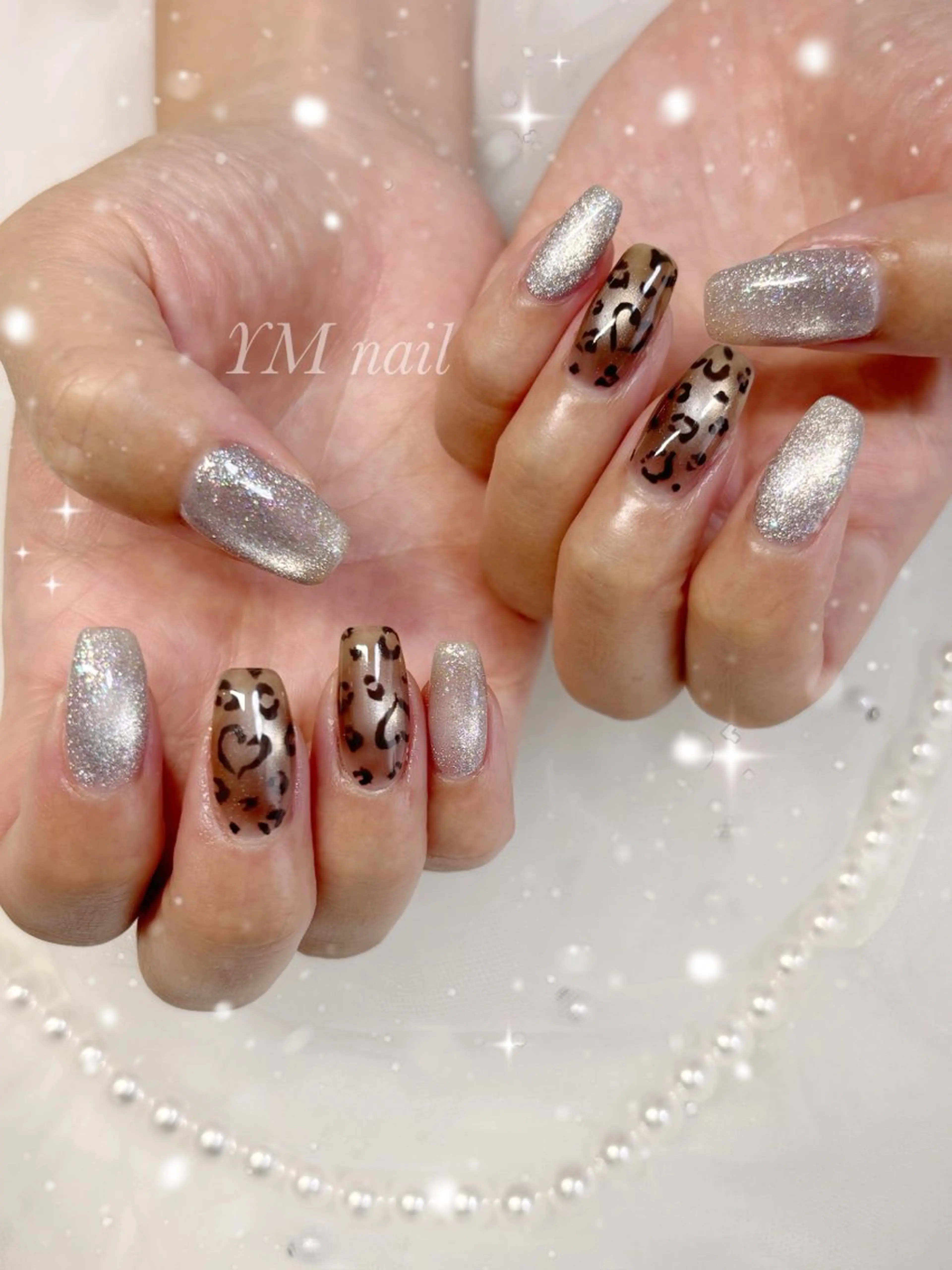 ネイル アニマル柄 ブラウン マグネットネイル シルバー ハンドネイル YM nailのネイルデザイン