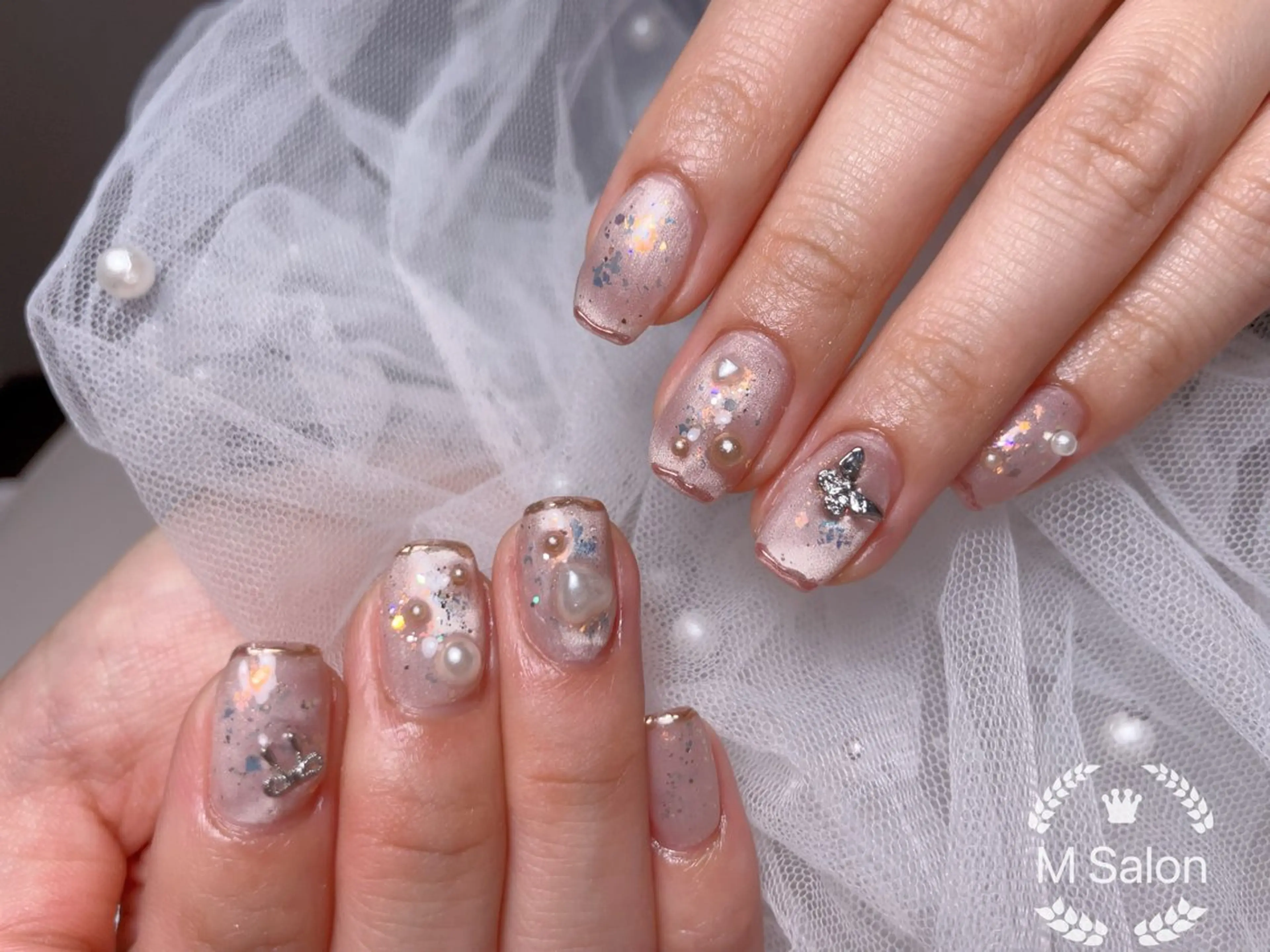 ネイル ブルー チークネイル フレンチネイル ガーリー ハート ハンドネイル Mnail _KKのネイルデザイン